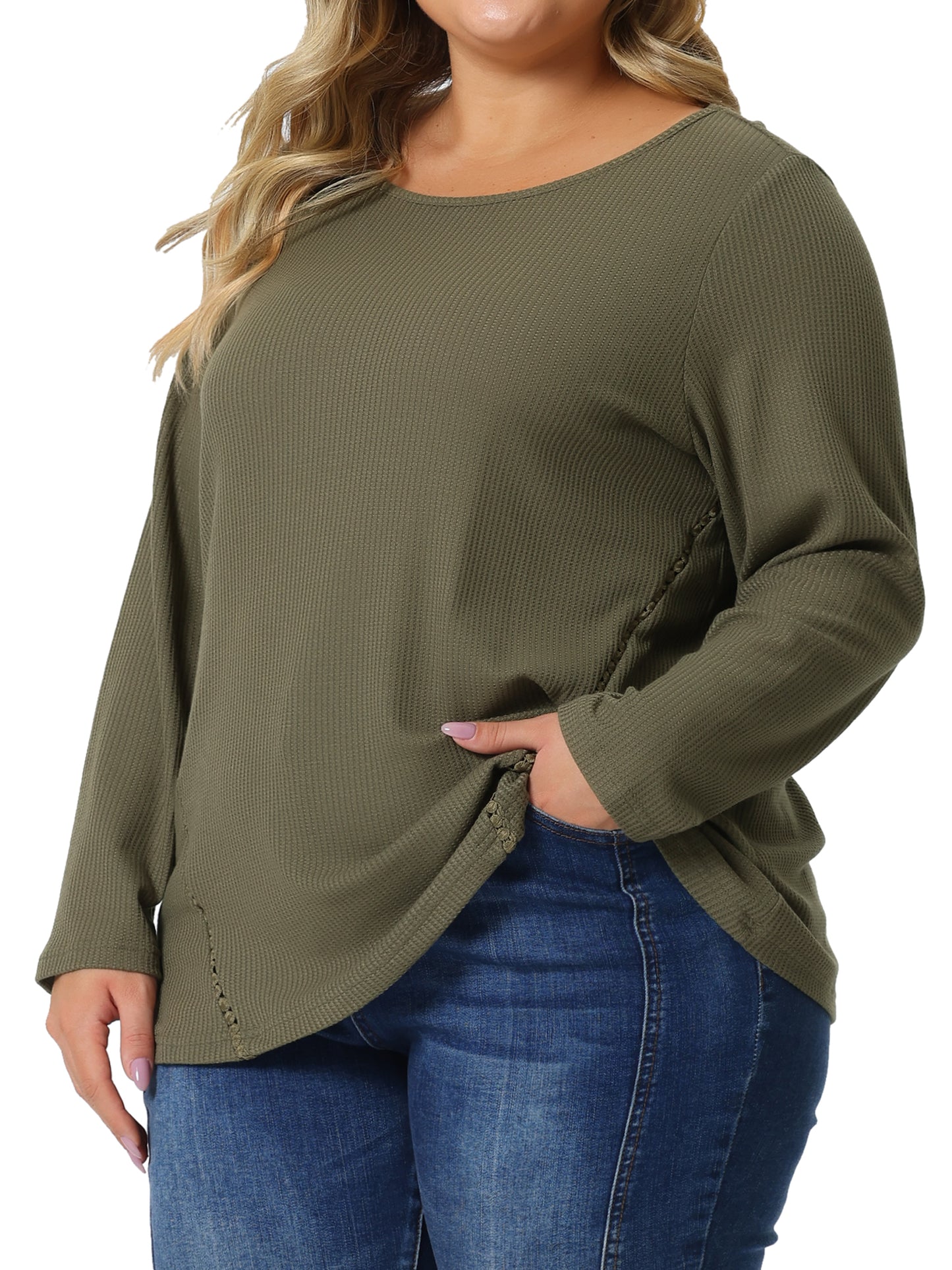 Women Plus Size Waffle Knit Shirt Causal Round Neck Top