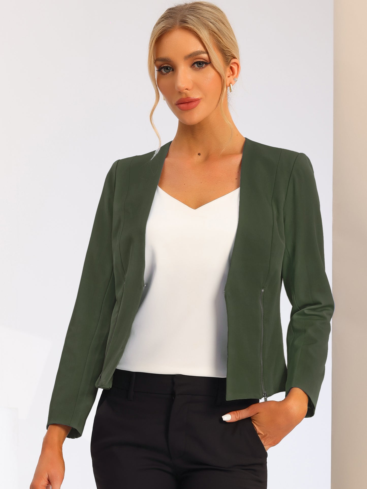 Women's Work Office Open Front Zipper Collarless Cropped Blazer