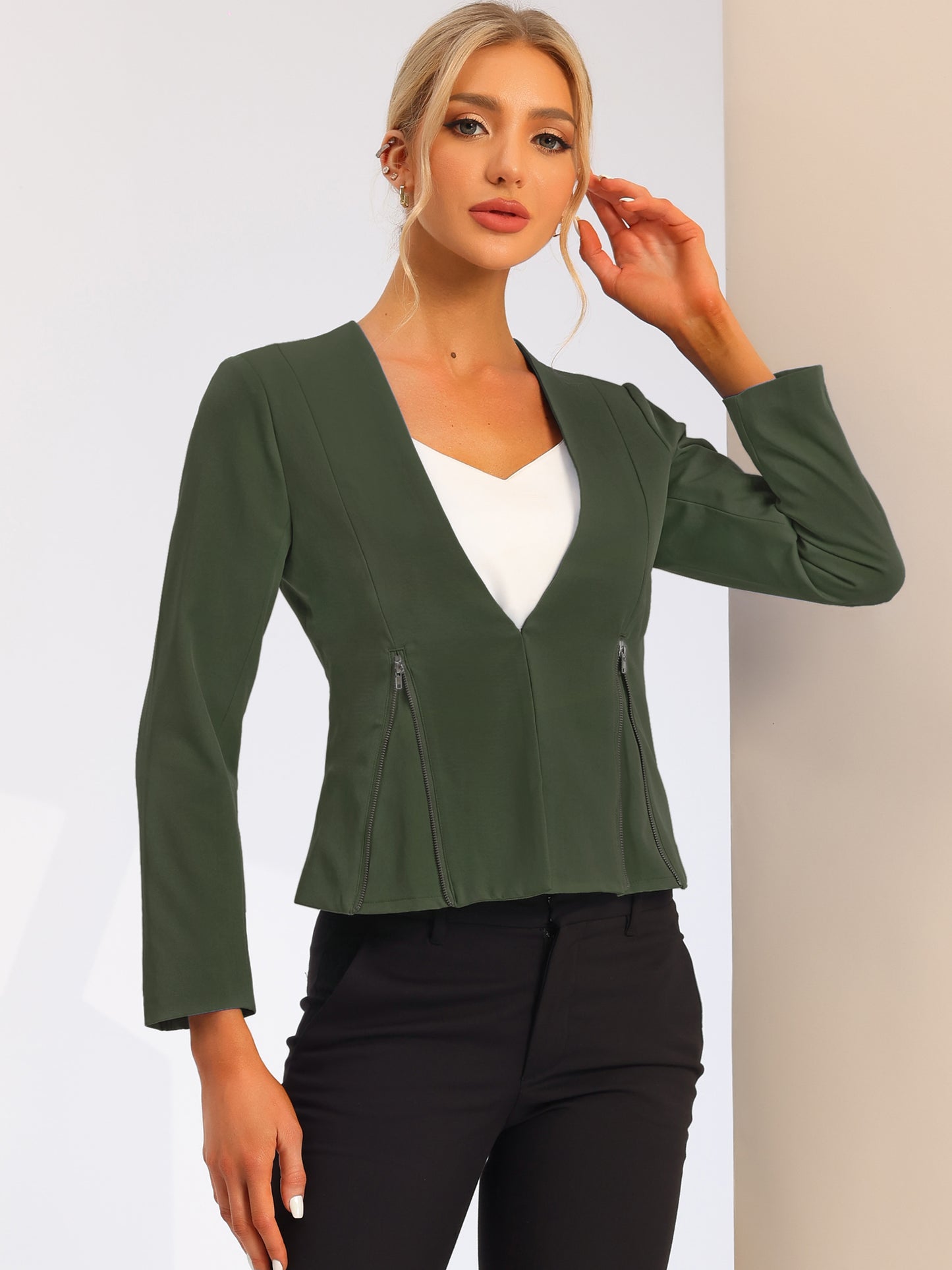Women's Work Office Open Front Zipper Collarless Cropped Blazer
