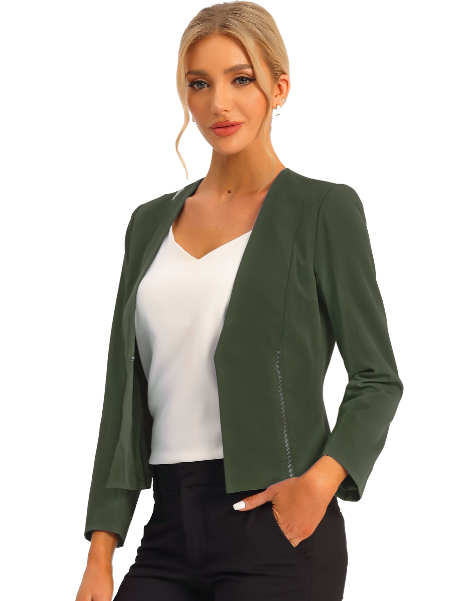 Women's Work Office Open Front Zipper Collarless Cropped Blazer
