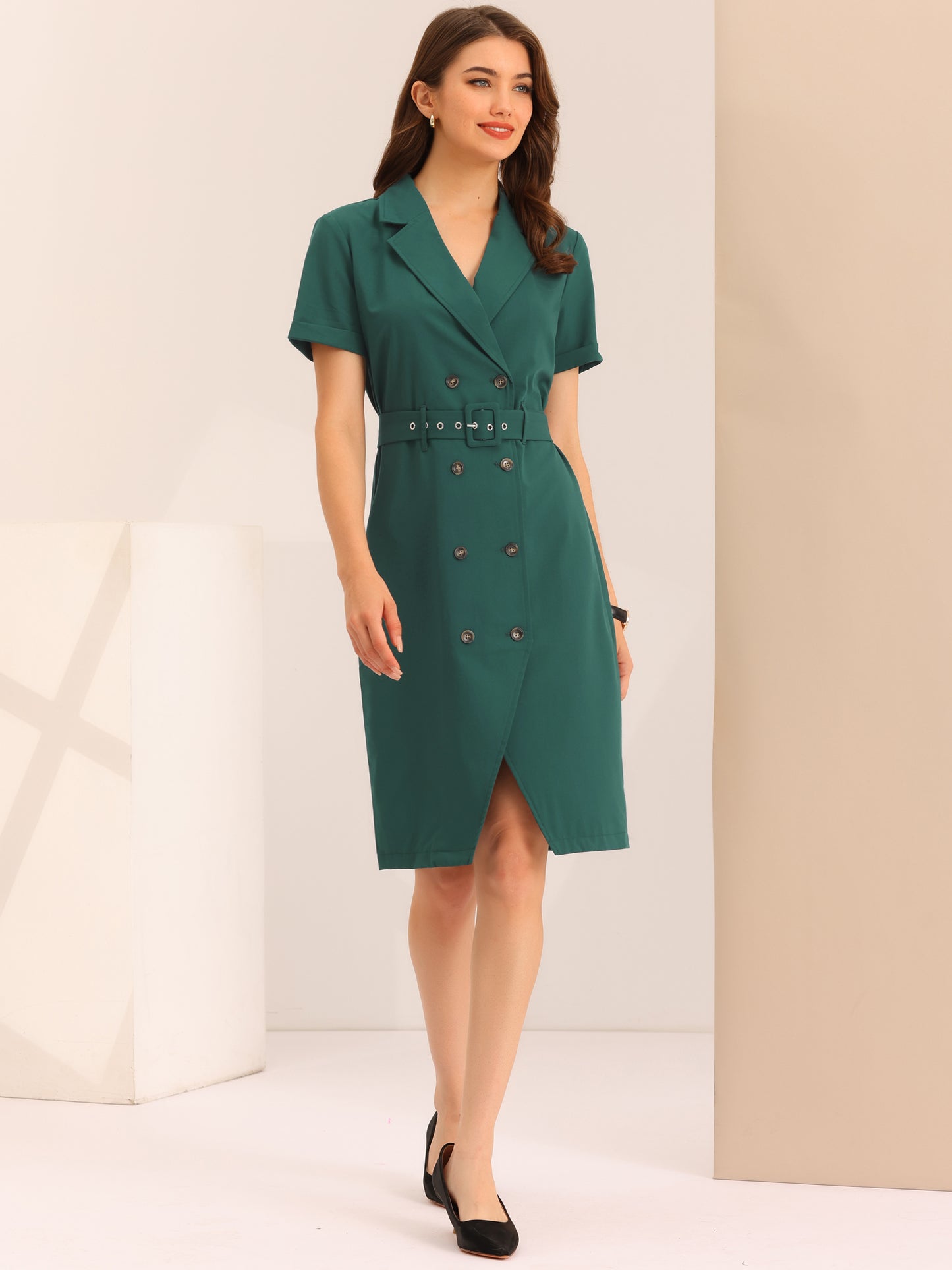 Women's Summer Short Sleeve Notched Lapel Slit Double Breasted Belted Work Office Blazer Dress