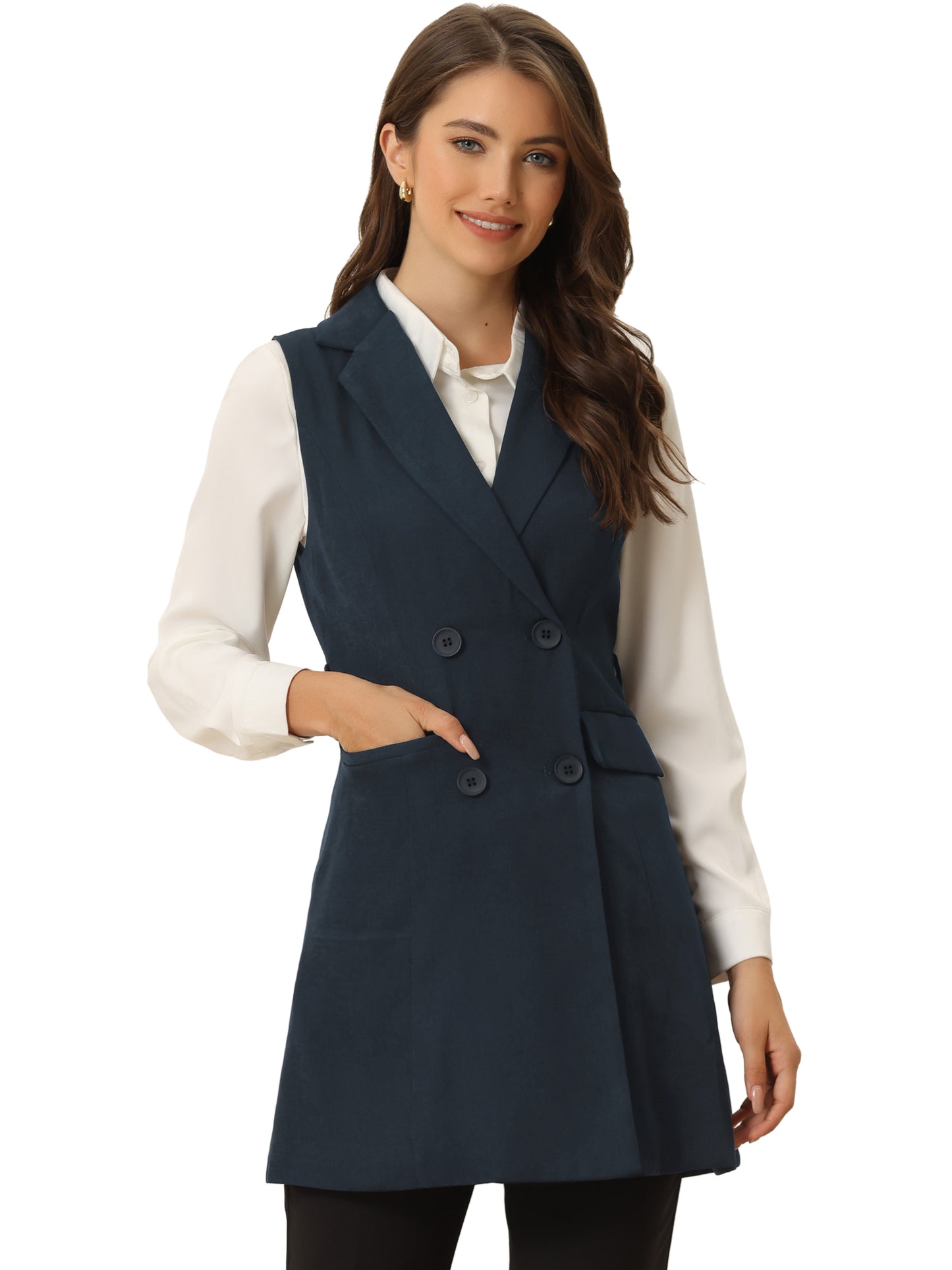 Women's Sleeveless Blazer Work Double Breasted Lightweight Belted Long Trench Vest