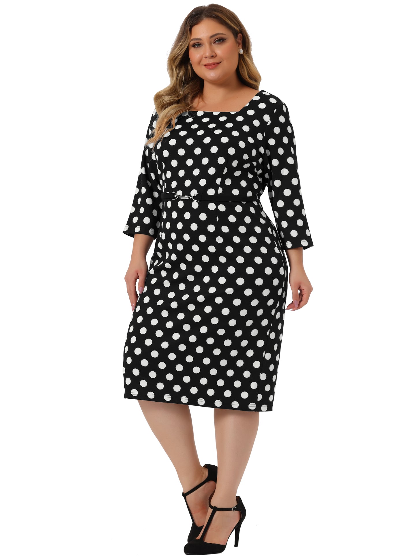 Women Plus Size 1950s Retro Dress 3/4 Sleeve Polka Dots Bodycon Cocktail Dress
