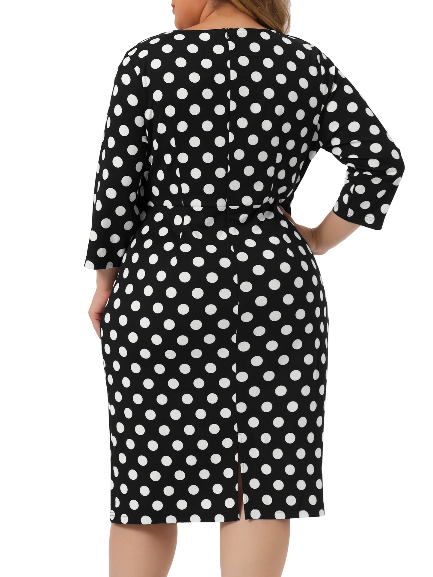 Women Plus Size 1950s Retro Dress 3/4 Sleeve Polka Dots Bodycon Cocktail Dress