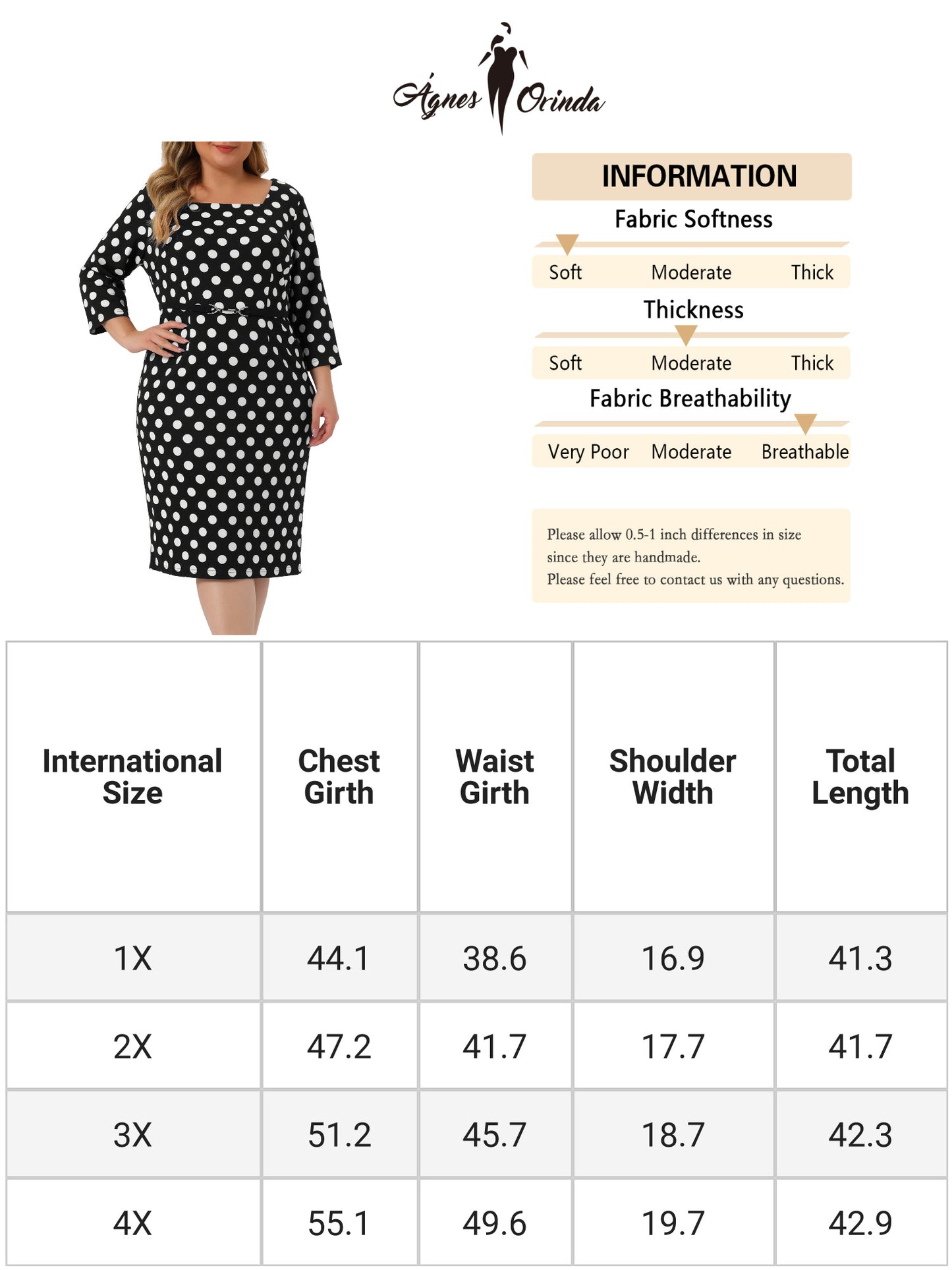 Women Plus Size 1950s Retro Dress 3/4 Sleeve Polka Dots Bodycon Cocktail Dress