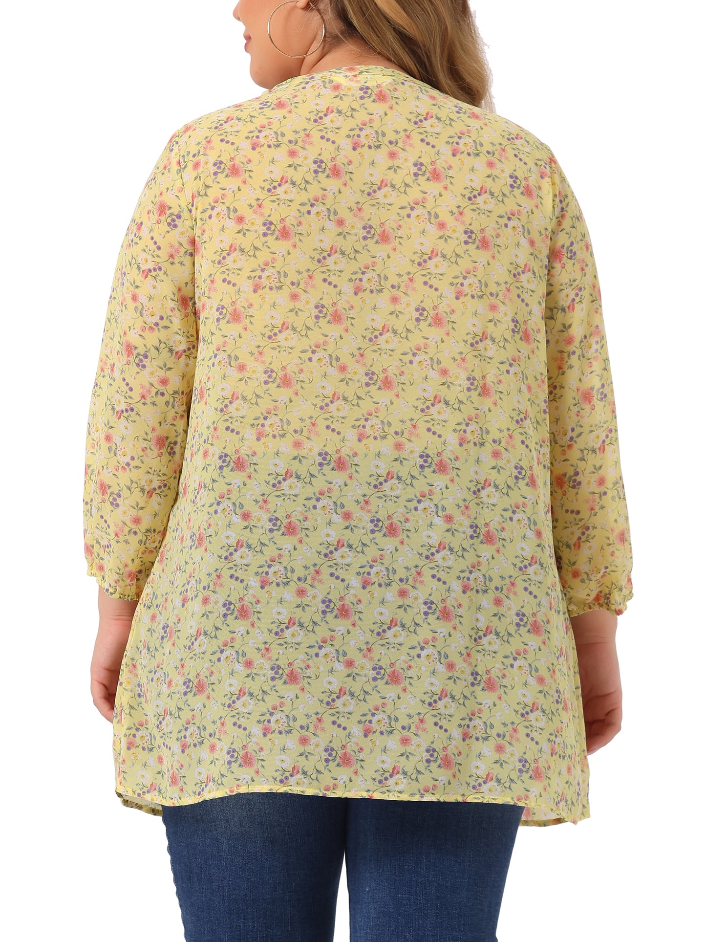 Women's Plus Size Chiffon Short Sleeve Floral Tie Neck Top