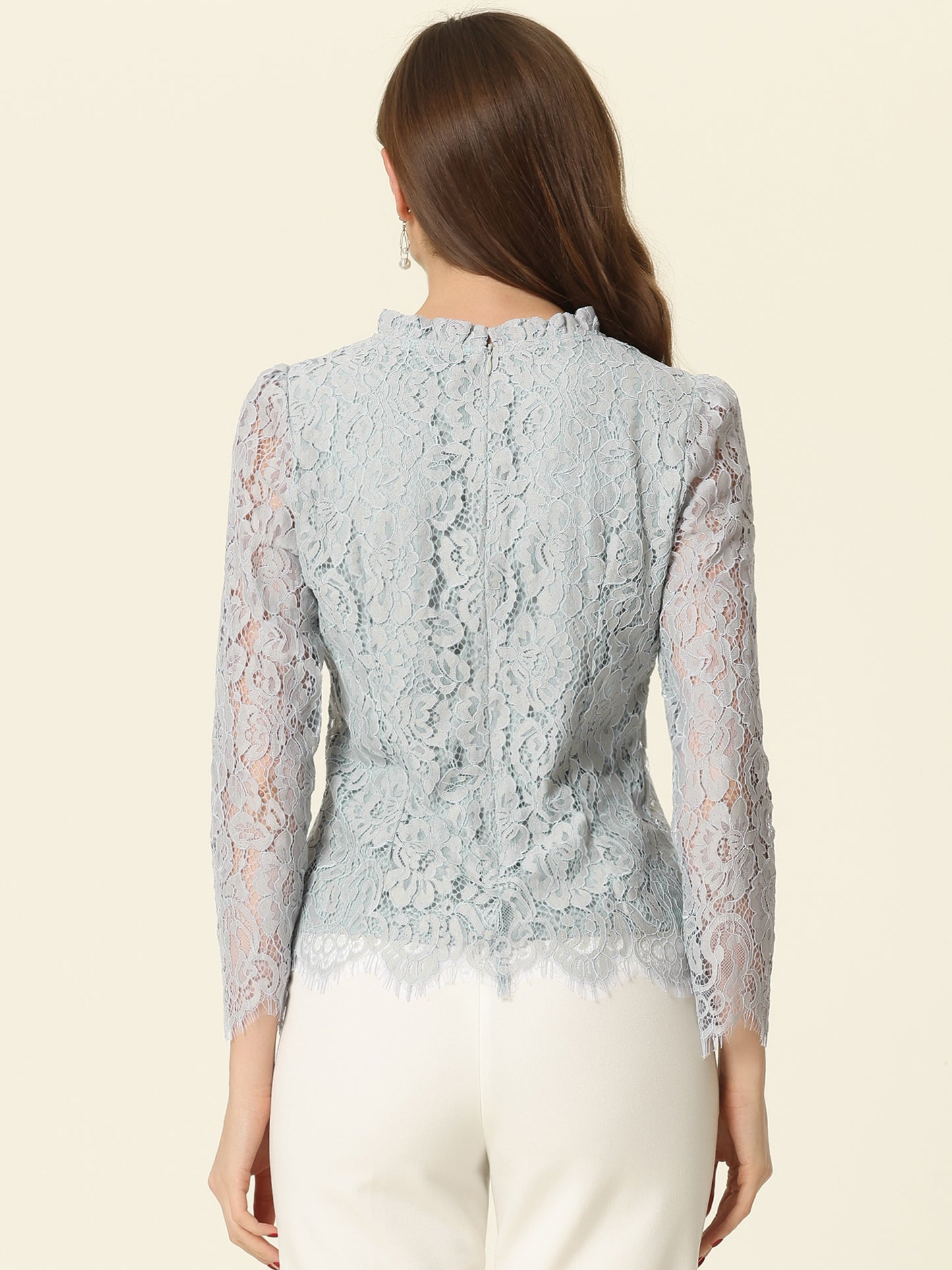 Blusa elegante de manga larga con encaje y peplum para mujer