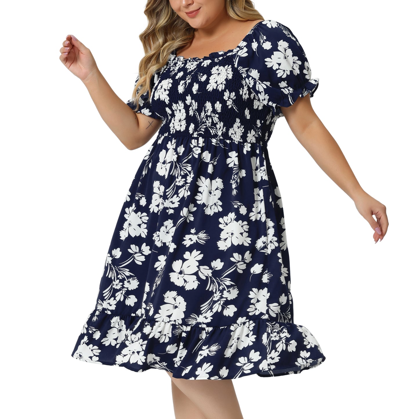 Women Plus Size Dress Ruffle Short Sleeve Flared Flowy Smock Floral Print Dress