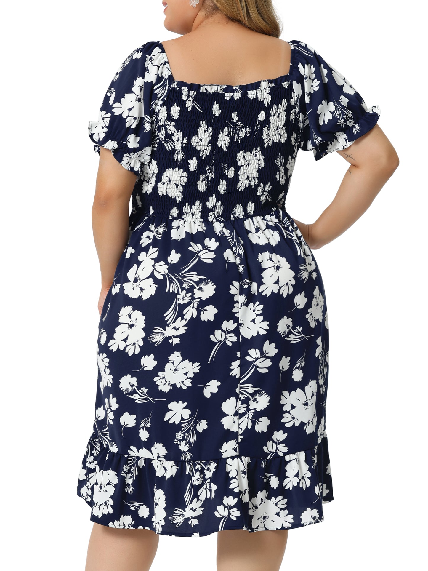 Women Plus Size Dress Ruffle Short Sleeve Flared Flowy Smock Floral Print Dress