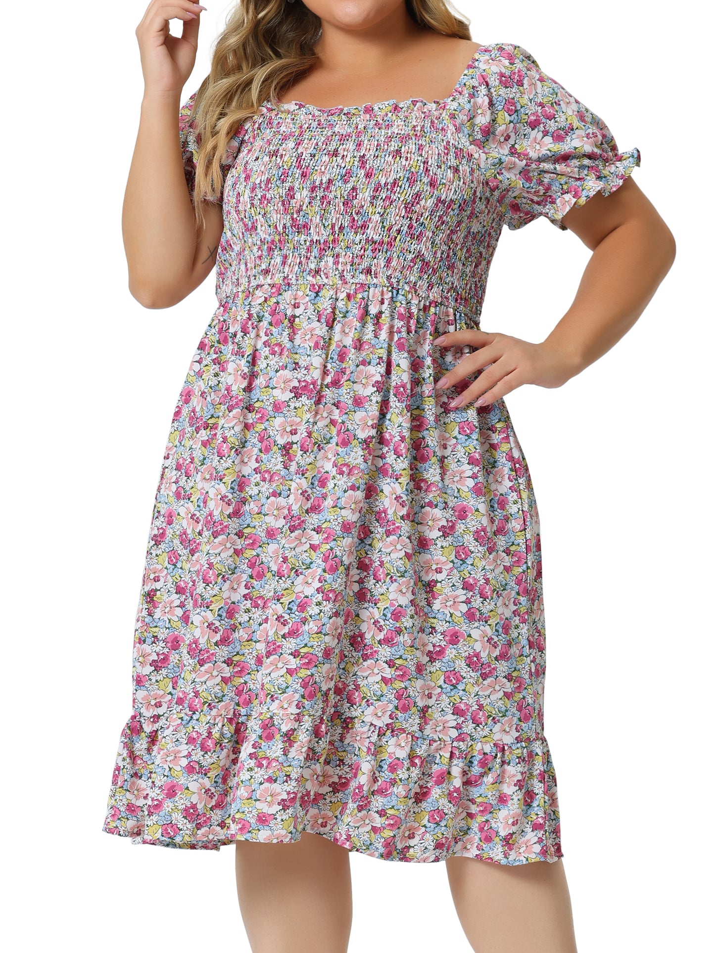 Women Plus Size Dress Ruffle Short Sleeve Flared Flowy Smock Floral Print Dress