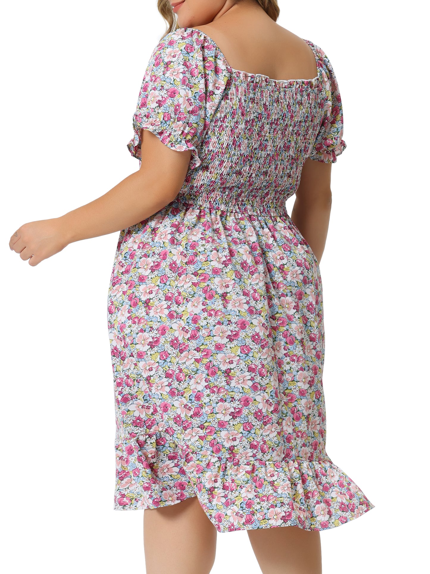 Women Plus Size Dress Ruffle Short Sleeve Flared Flowy Smock Floral Print Dress