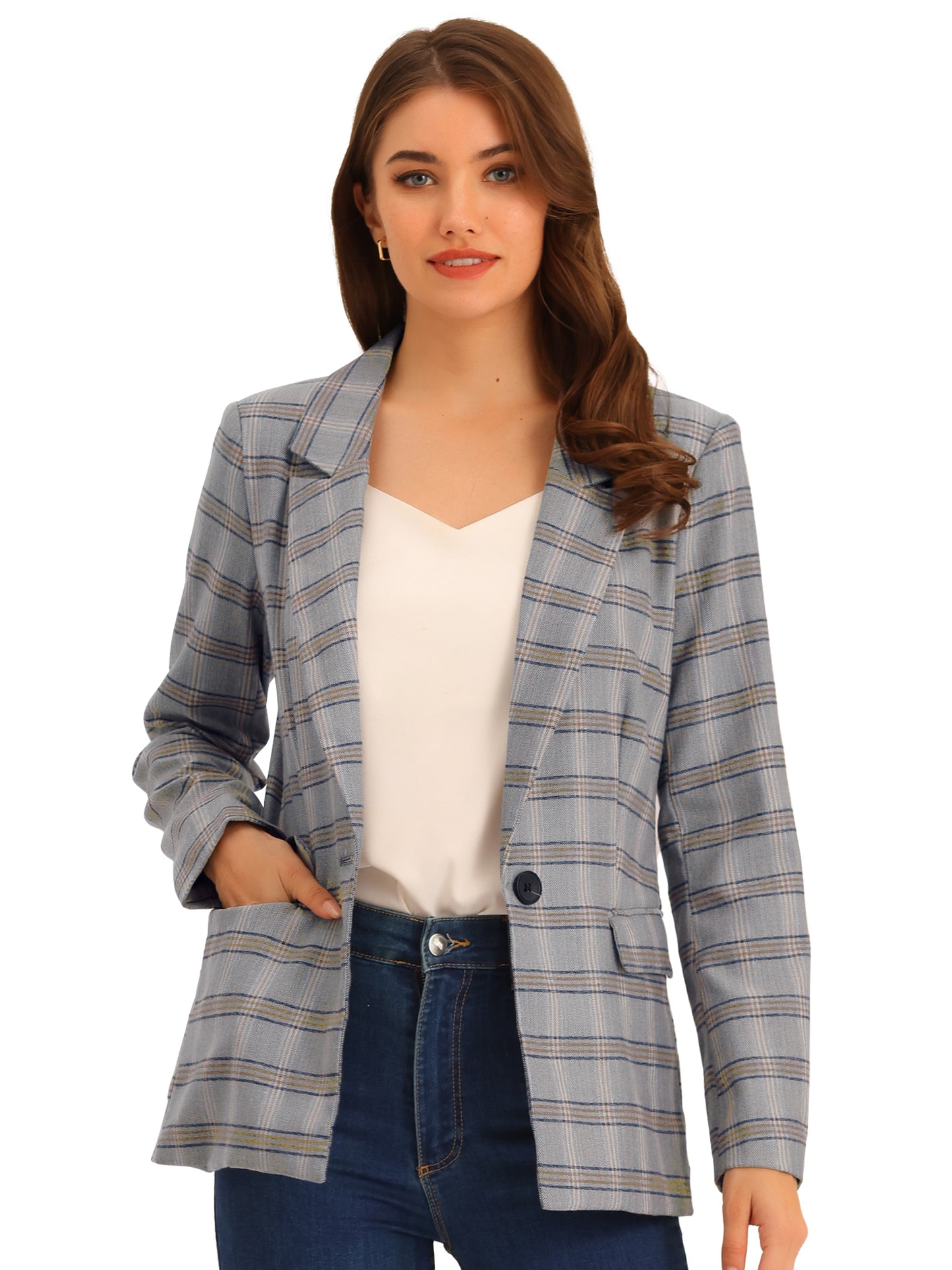 Women's Notched Lapel One Button Plaid Blazer Suit Jacket