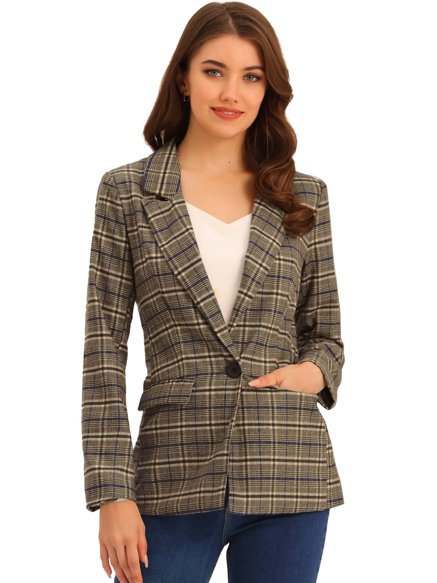 Women's Notched Lapel One Button Plaid Blazer Suit Jacket