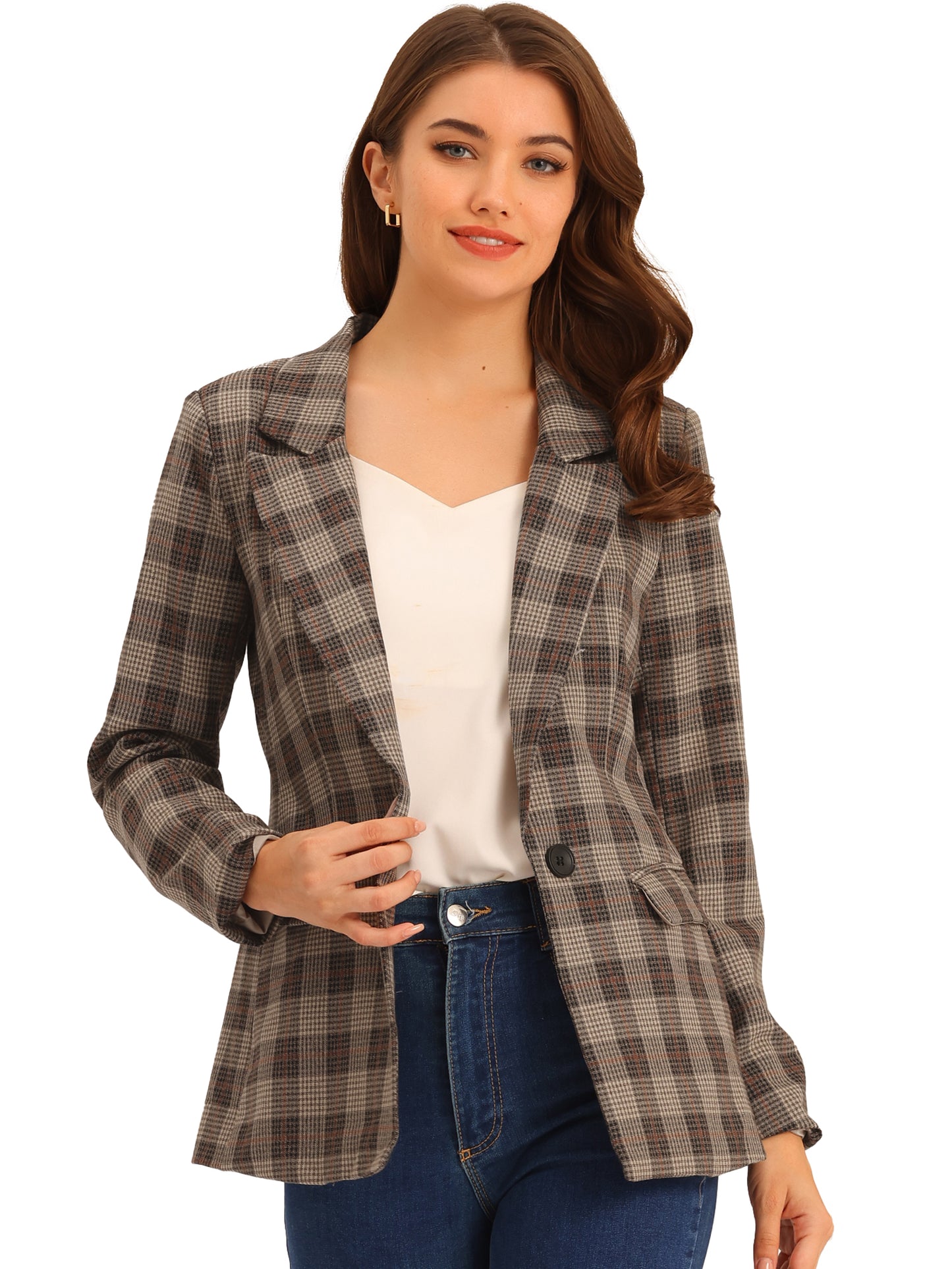 Women's Notched Lapel One Button Plaid Blazer Suit Jacket