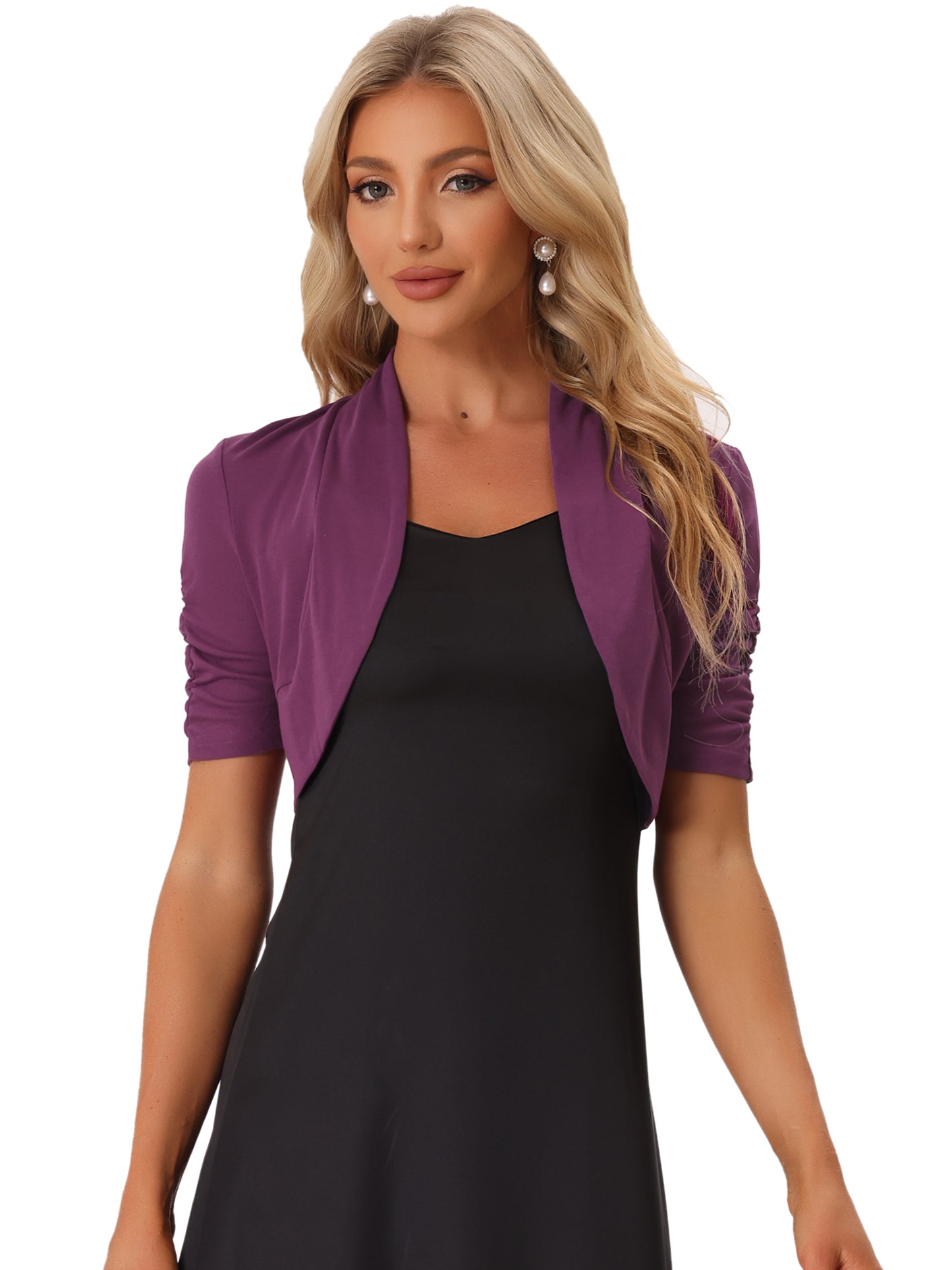 Women's Short Sleeve Shrugs Ruched Sleeve Open Front Cropped Bolero Cardigan