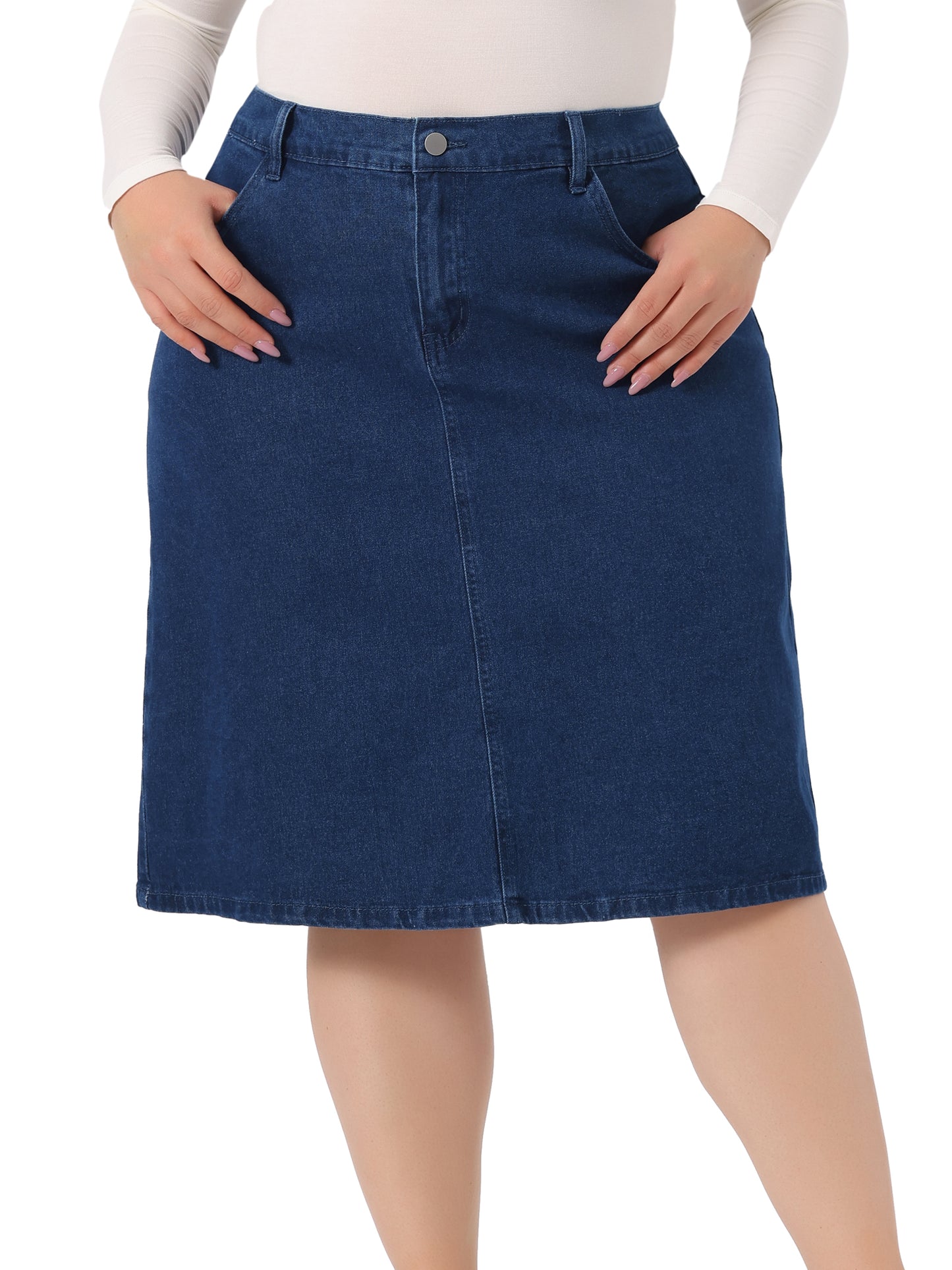 Women Plus Size Jean Skirt Classic Basic 4-Pocket Denim Pencil Skirt with Slit