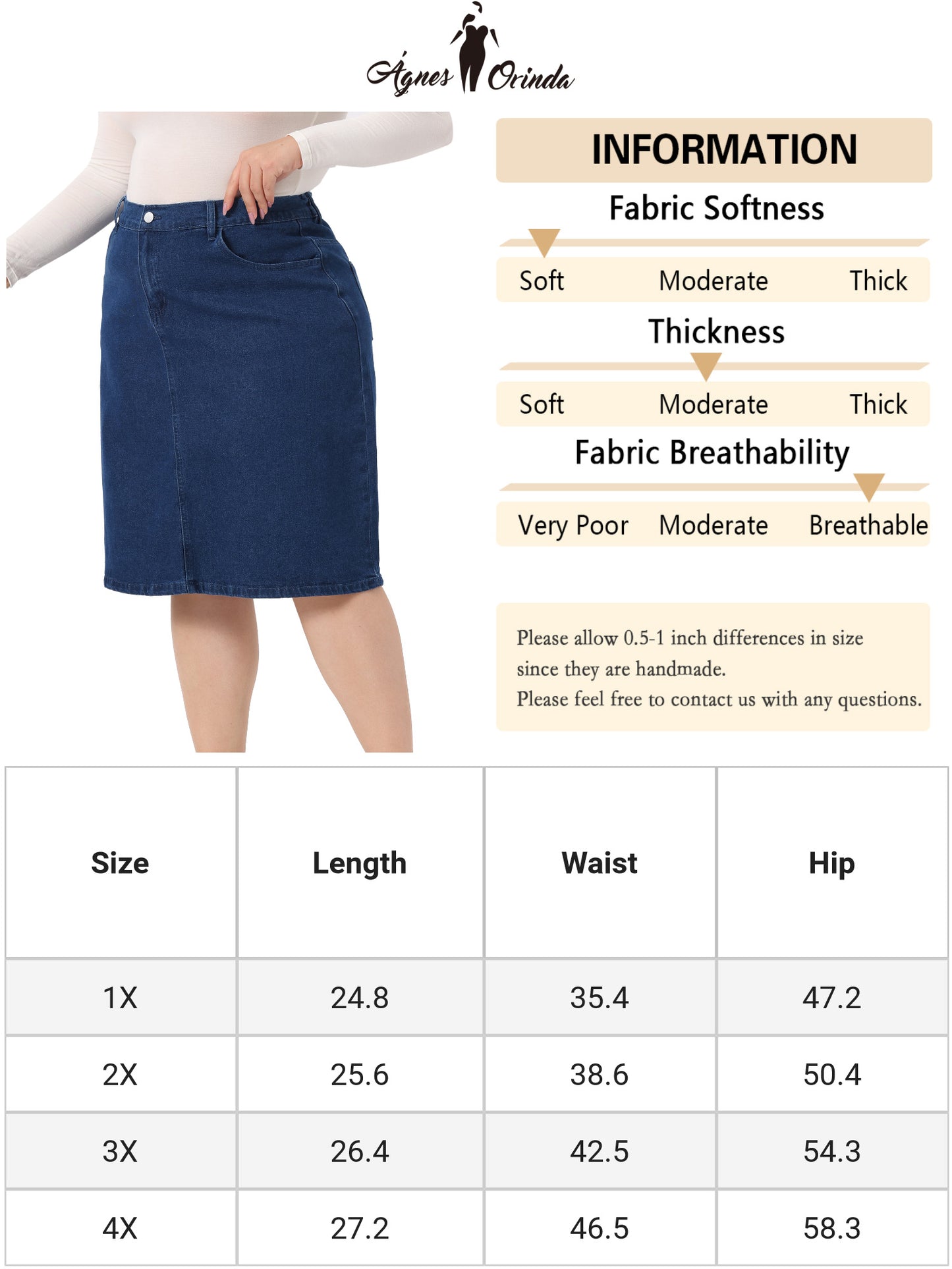 Women Plus Size Jean Skirt Classic Basic 4-Pocket Denim Pencil Skirt with Slit