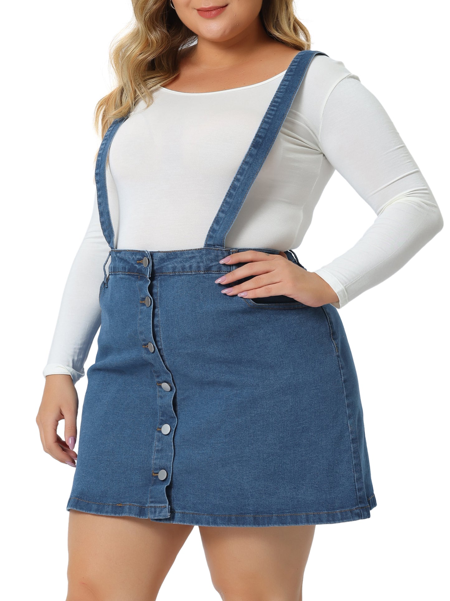 Women Plus Size Suspender Skirt Adjustable Strap Cross Back Mini Denim A-Line Overall Dress