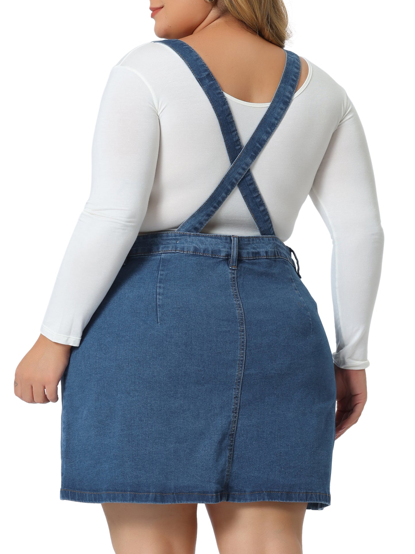 Women Plus Size Suspender Skirt Adjustable Strap Cross Back Mini Denim A-Line Overall Dress