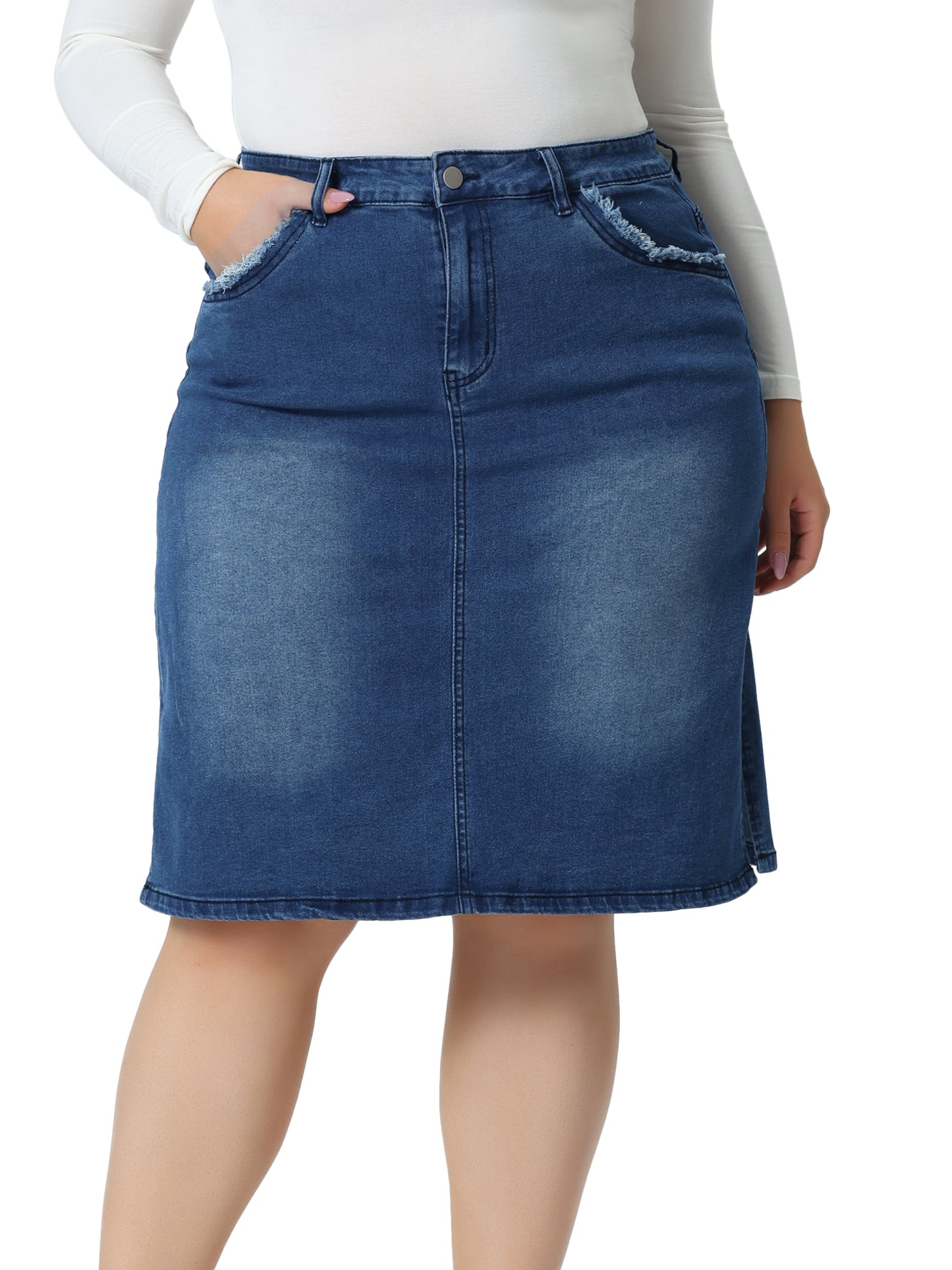 Women Plus Size Denim Skirt Classic Stretch Elastic Waist Side Split A Line Jean Skirt