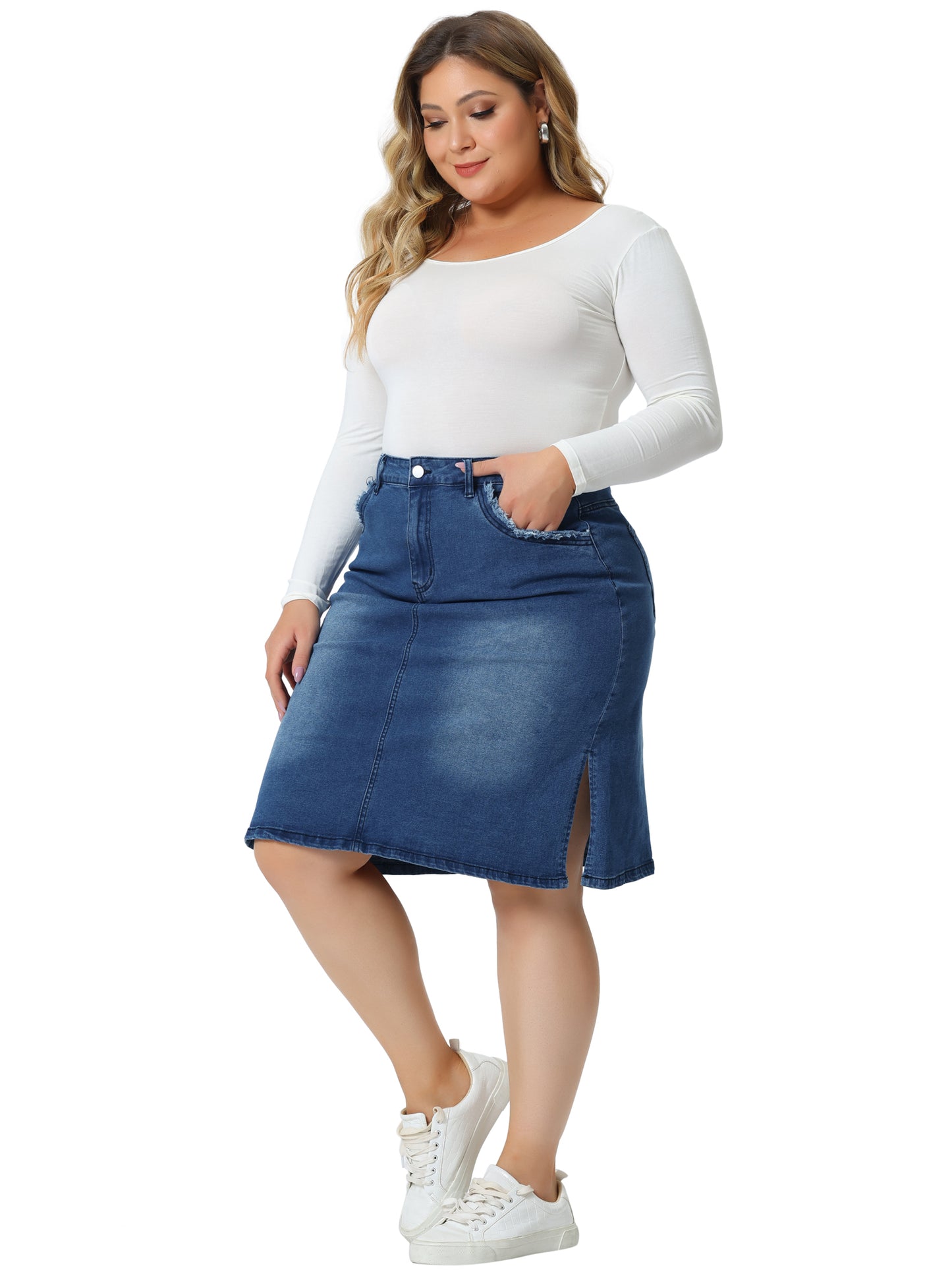 Women Plus Size Denim Skirt Classic Stretch Elastic Waist Side Split A Line Jean Skirt