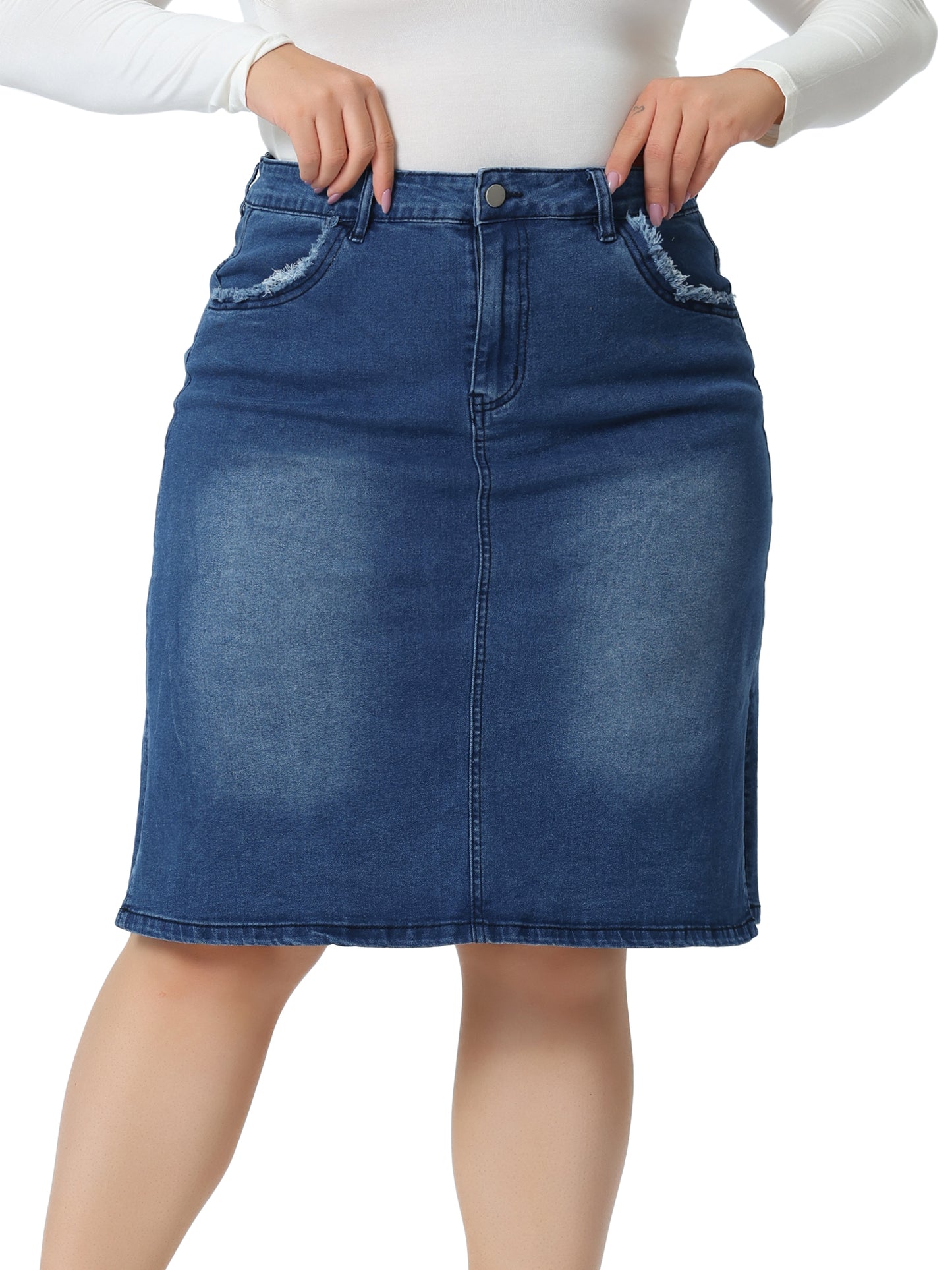 Women Plus Size Denim Skirt Classic Stretch Elastic Waist Side Split A Line Jean Skirt