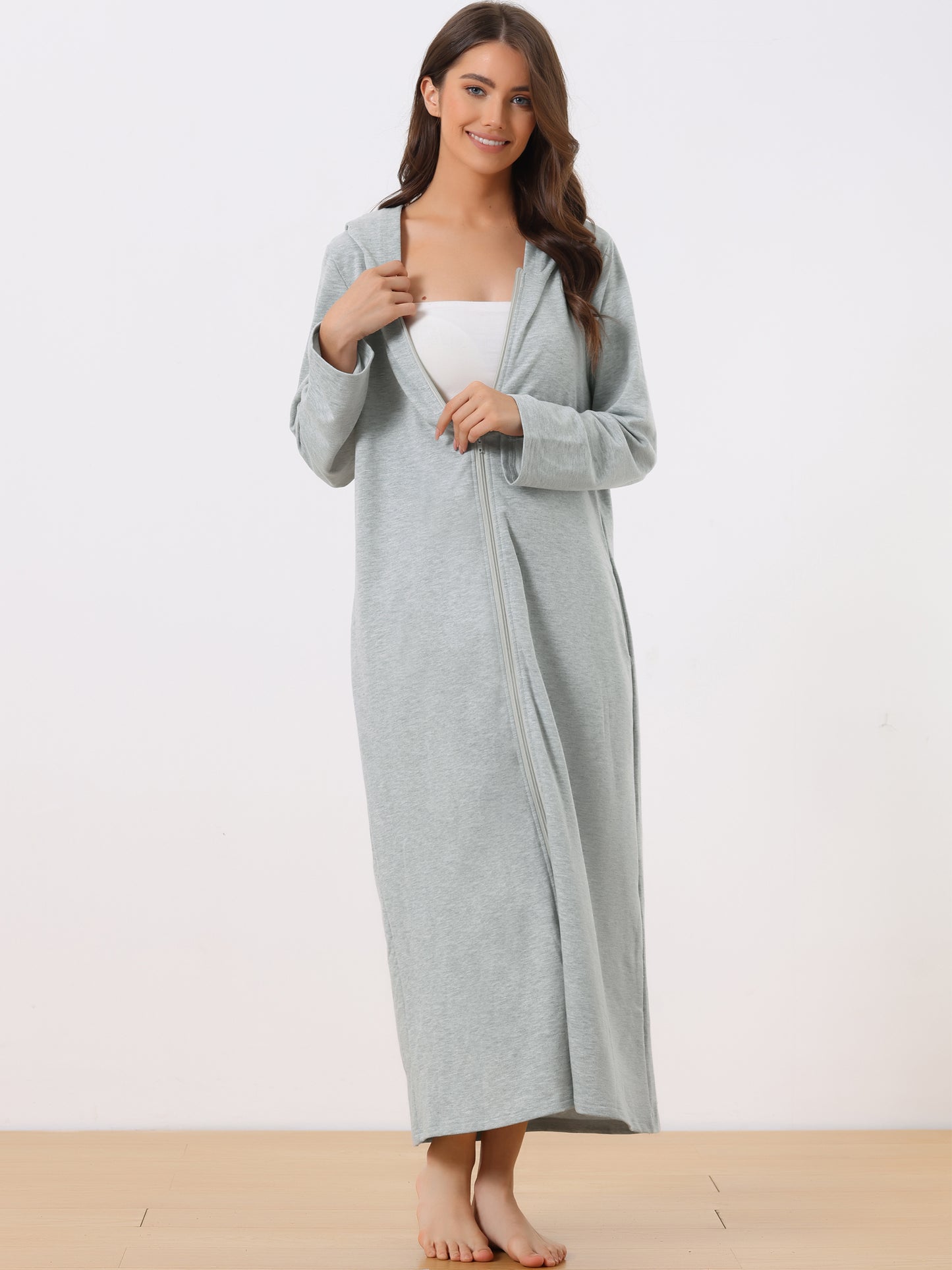 Bata de baño con capucha y cremallera para mujer, vestido de sudadera con capucha, manga larga, bata con bolsillos