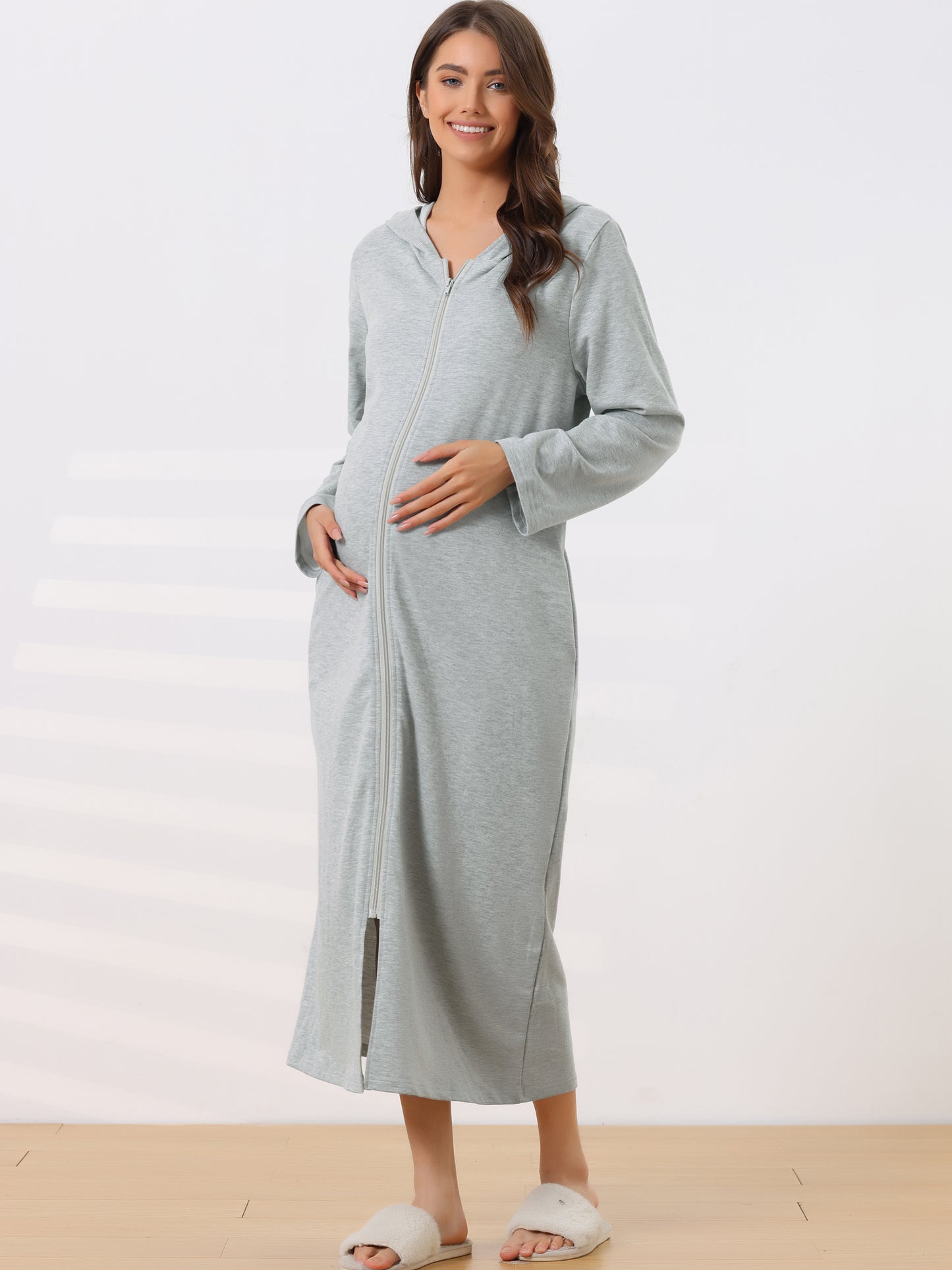 Bata de baño con capucha y cremallera para mujer, vestido de sudadera con capucha, manga larga, bata con bolsillos