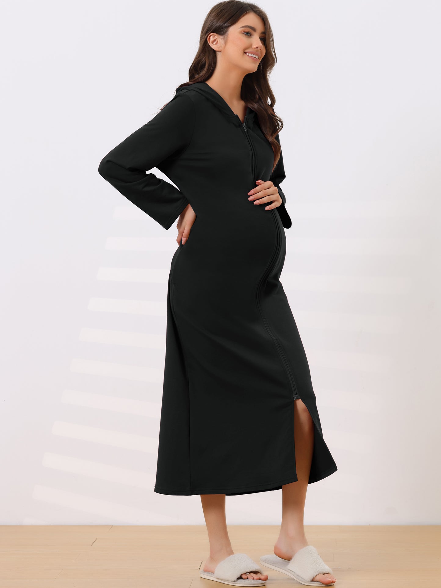 Bata de baño con capucha y cremallera para mujer, vestido de manga larga con bolsillos