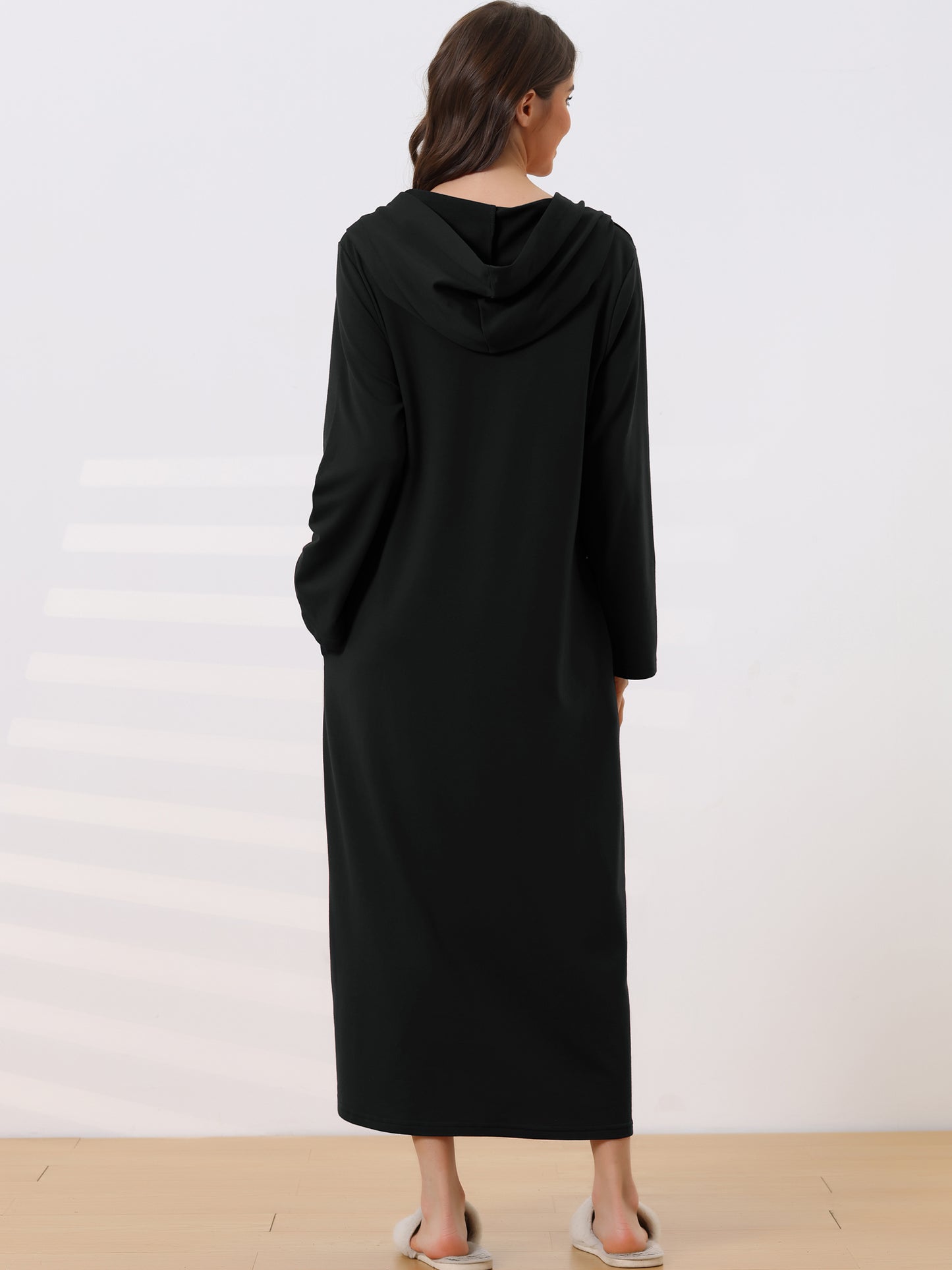 Bata de baño con capucha y cremallera para mujer, vestido de manga larga con bolsillos