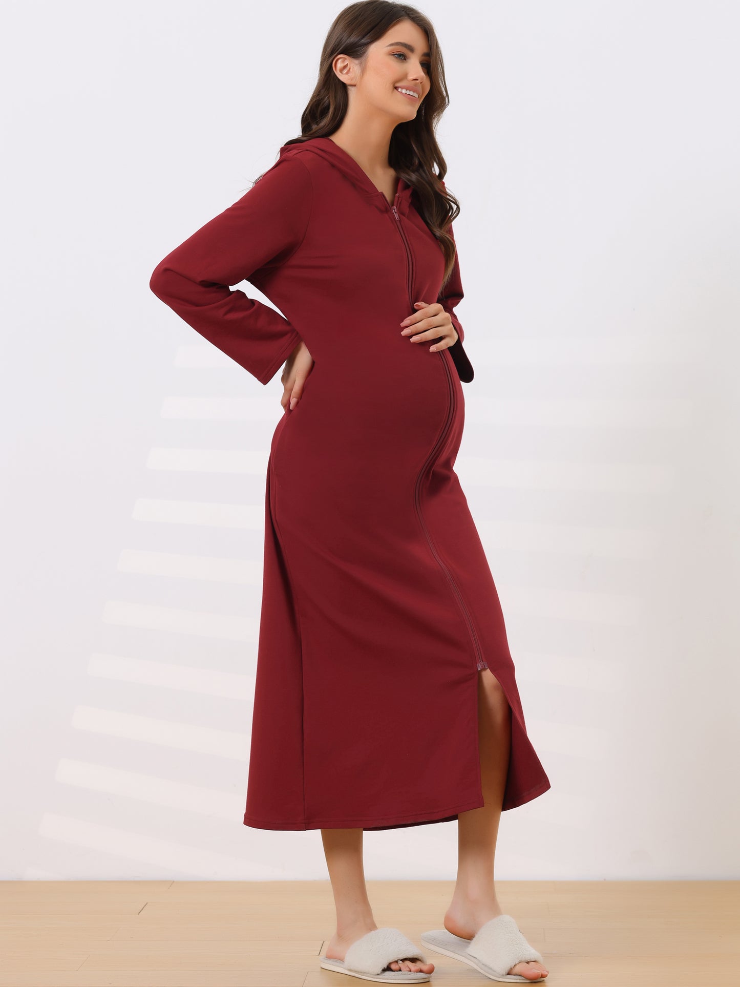 Bata de baño con capucha y cremallera para mujer, vestido de manga larga con bolsillos