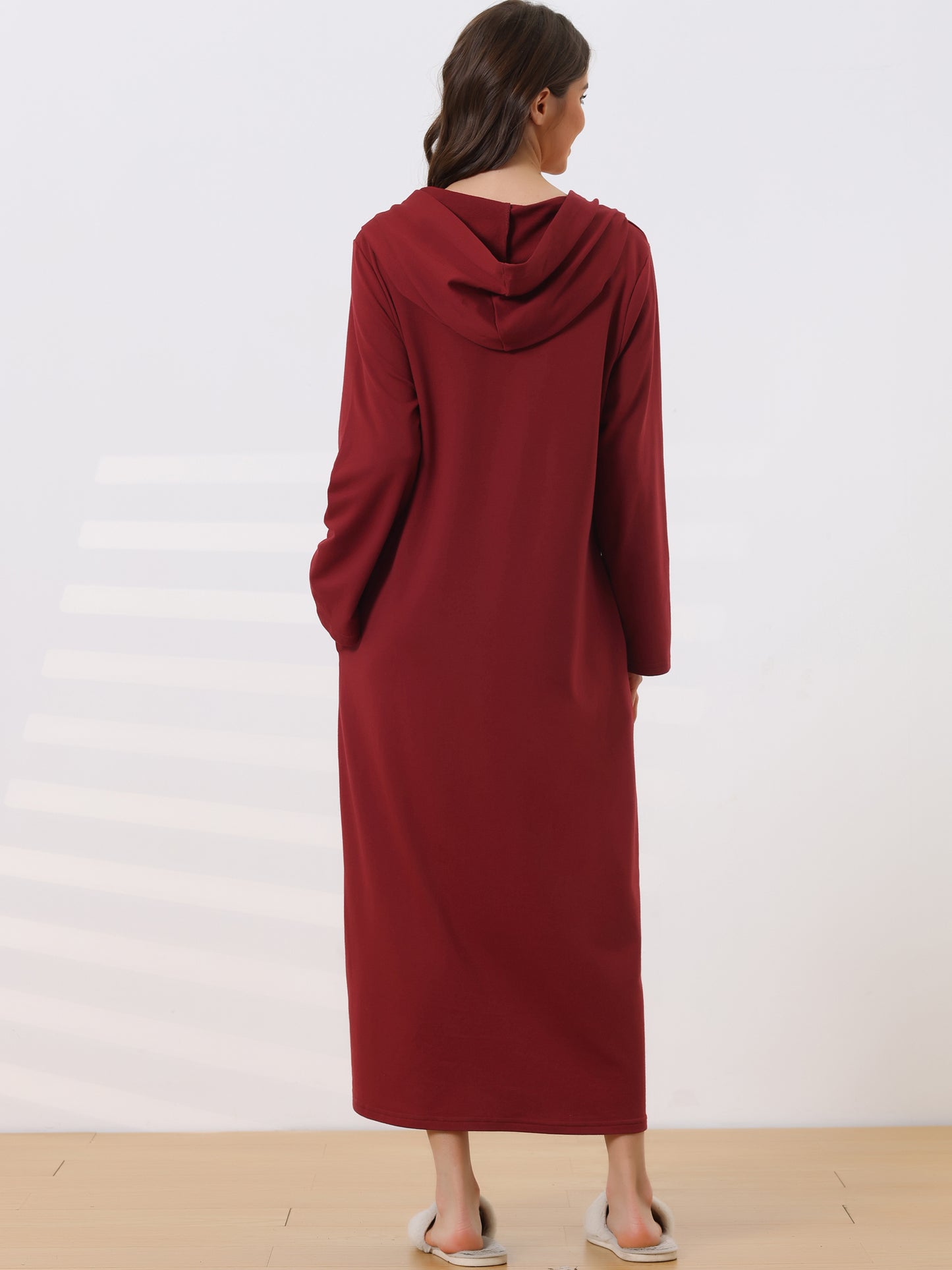 Bata de baño con capucha y cremallera para mujer, vestido de manga larga con bolsillos
