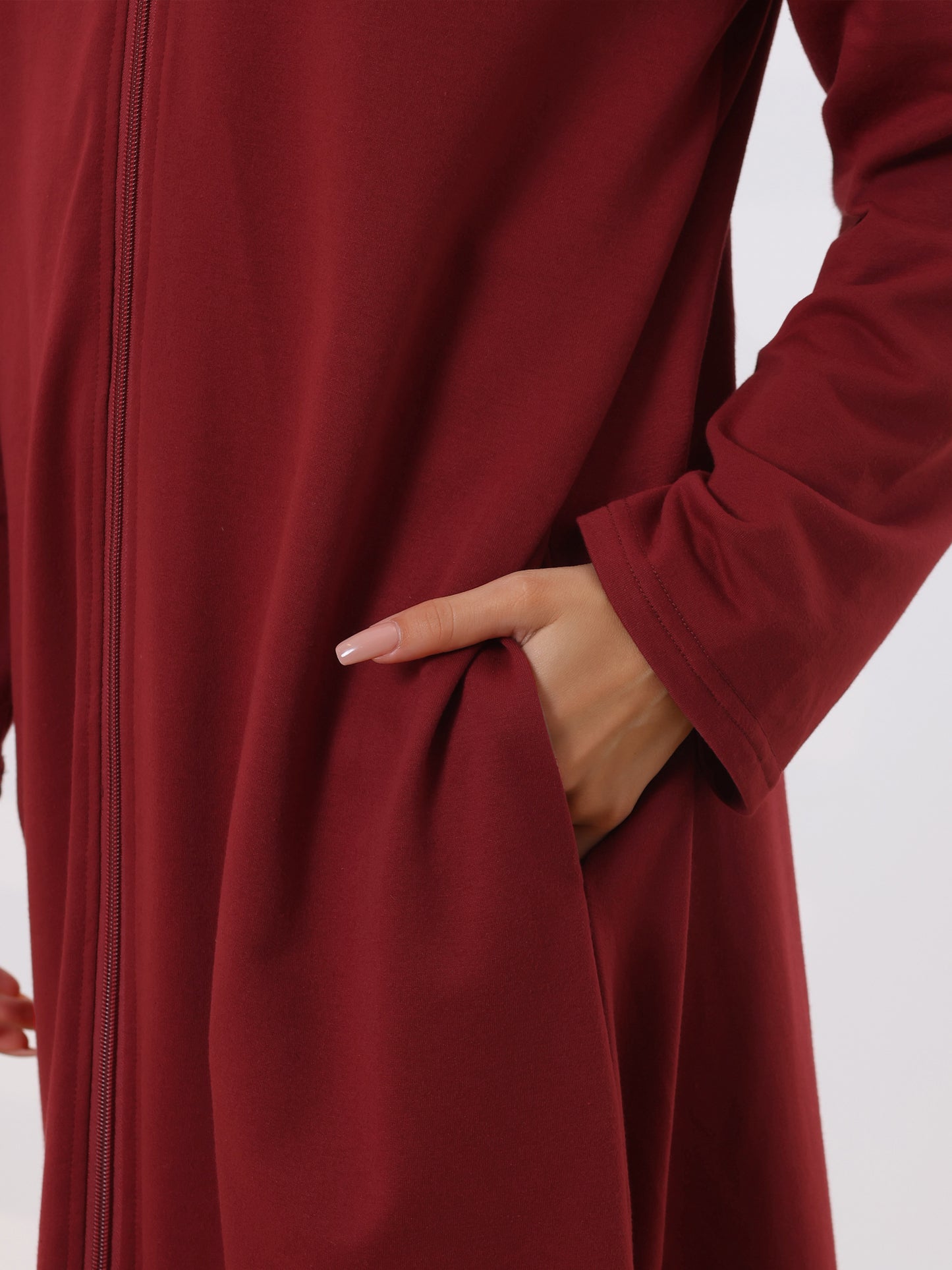 Bata de baño con capucha y cremallera para mujer, vestido de manga larga con bolsillos