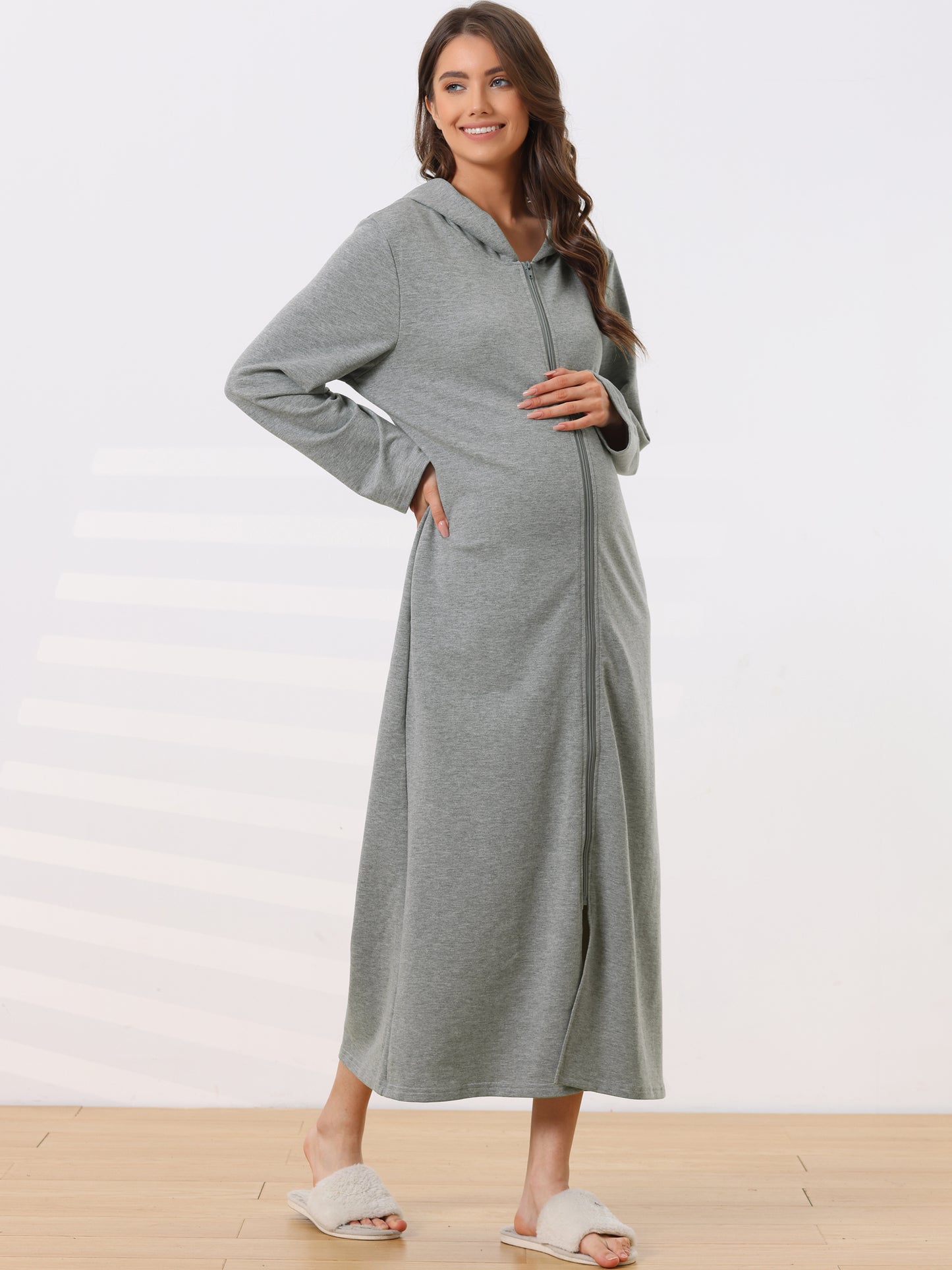 Women's Sweatshirt Robe Zip Up Hooded Bathrobe Dress Hoodie Long Sleeve Housecoat with Pockets