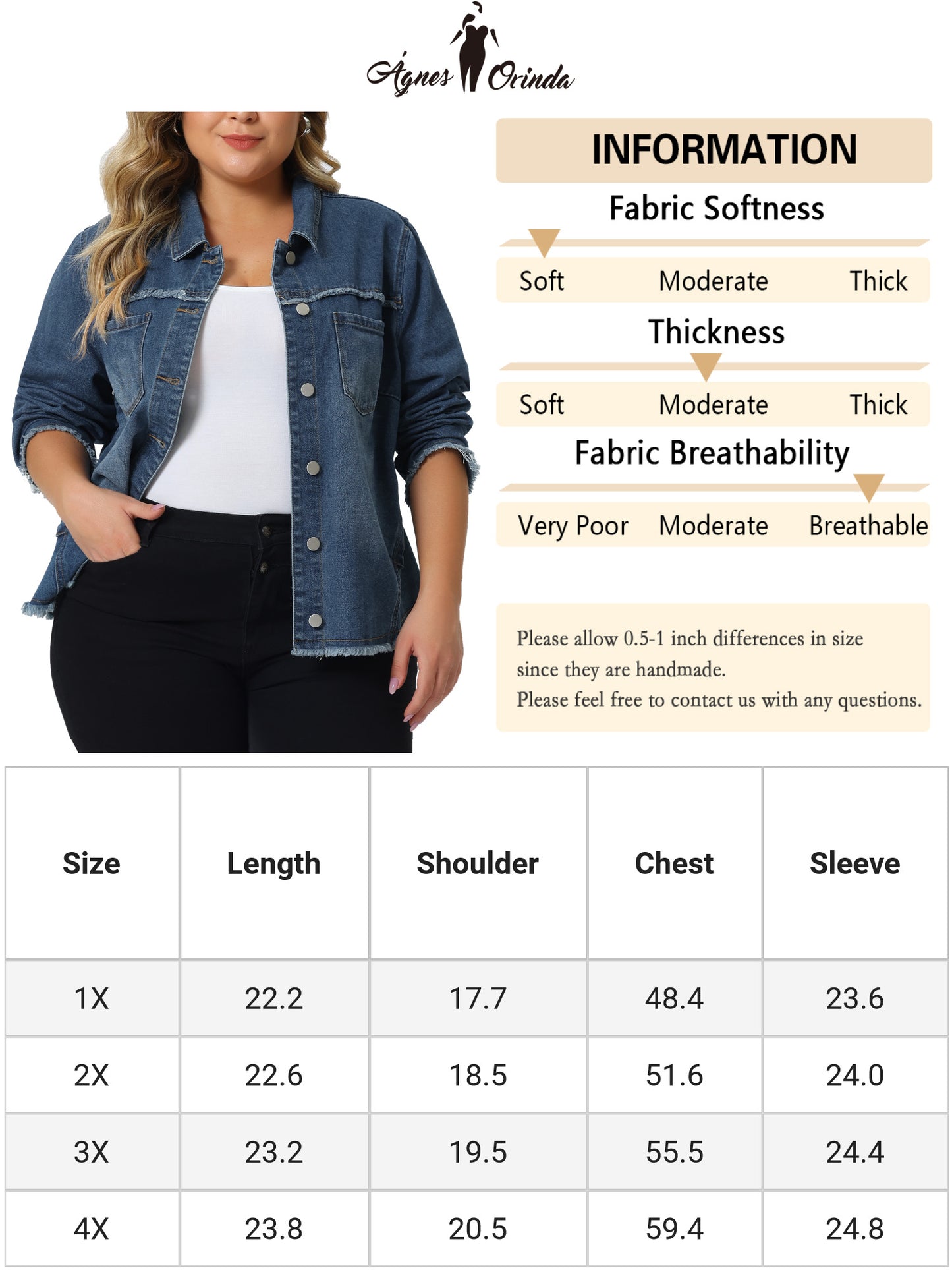 Women Plus Size Denim Jacket Frayed Hem Classic Washed Denim Jean Jacket