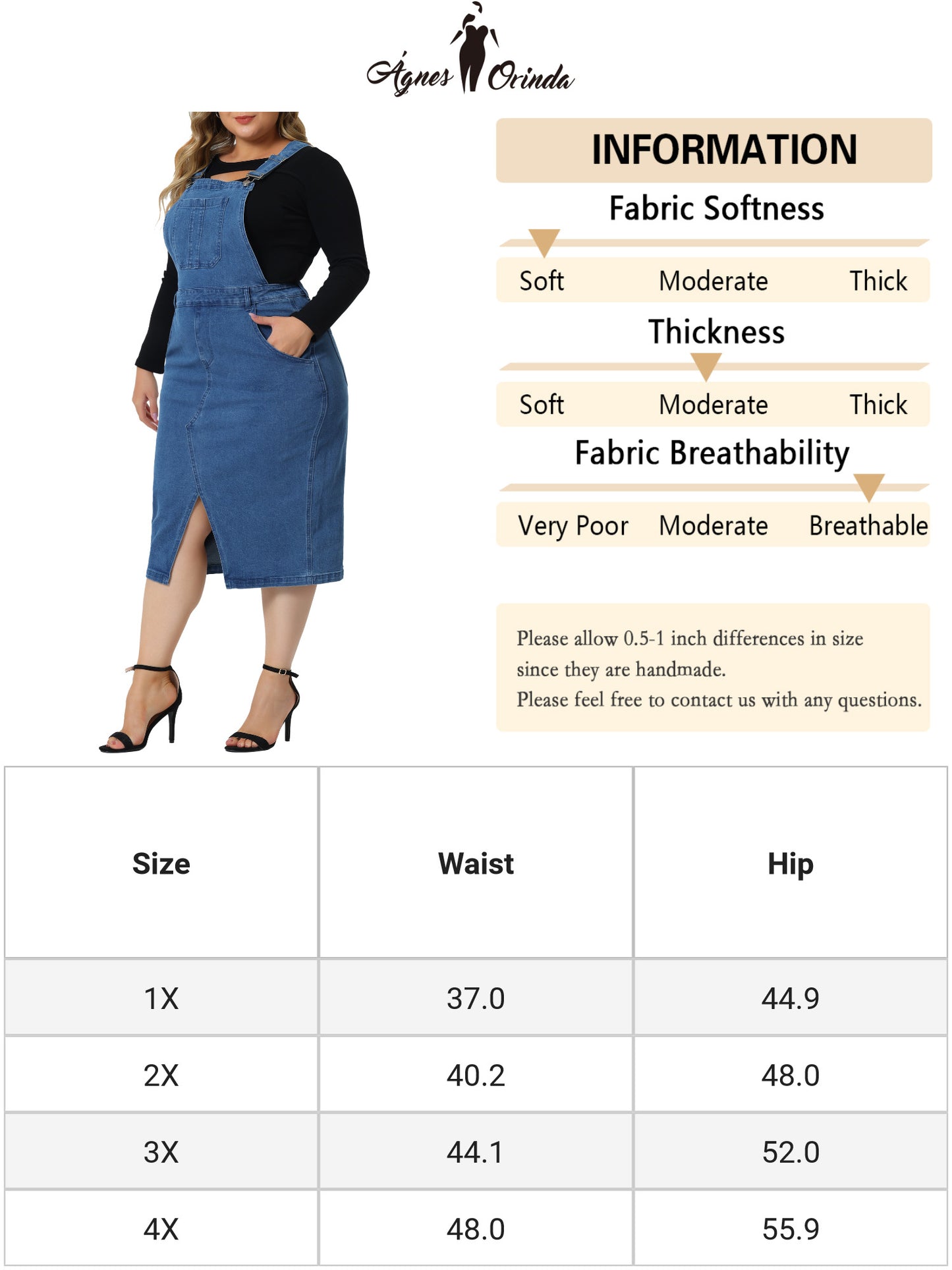 Women Plus Size Denim Overalls Classic Adjustable Straps Slit Hem Jeans Suspender Dress