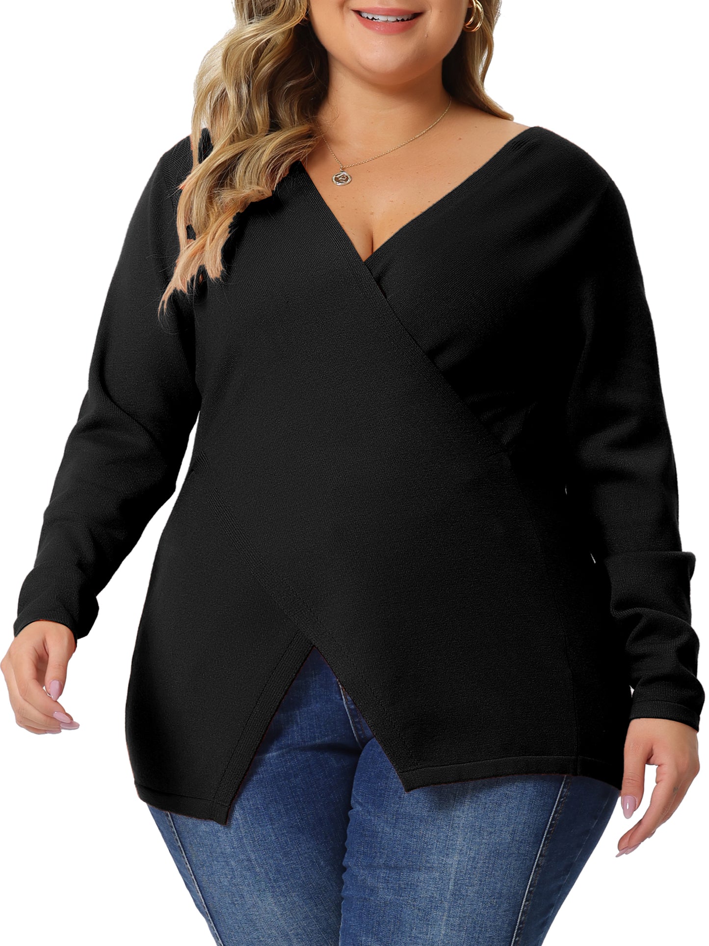 Women Plus Size Knit Top Wrap V Neck Criss Cross Long Sleeve Asymmetrical Sweater