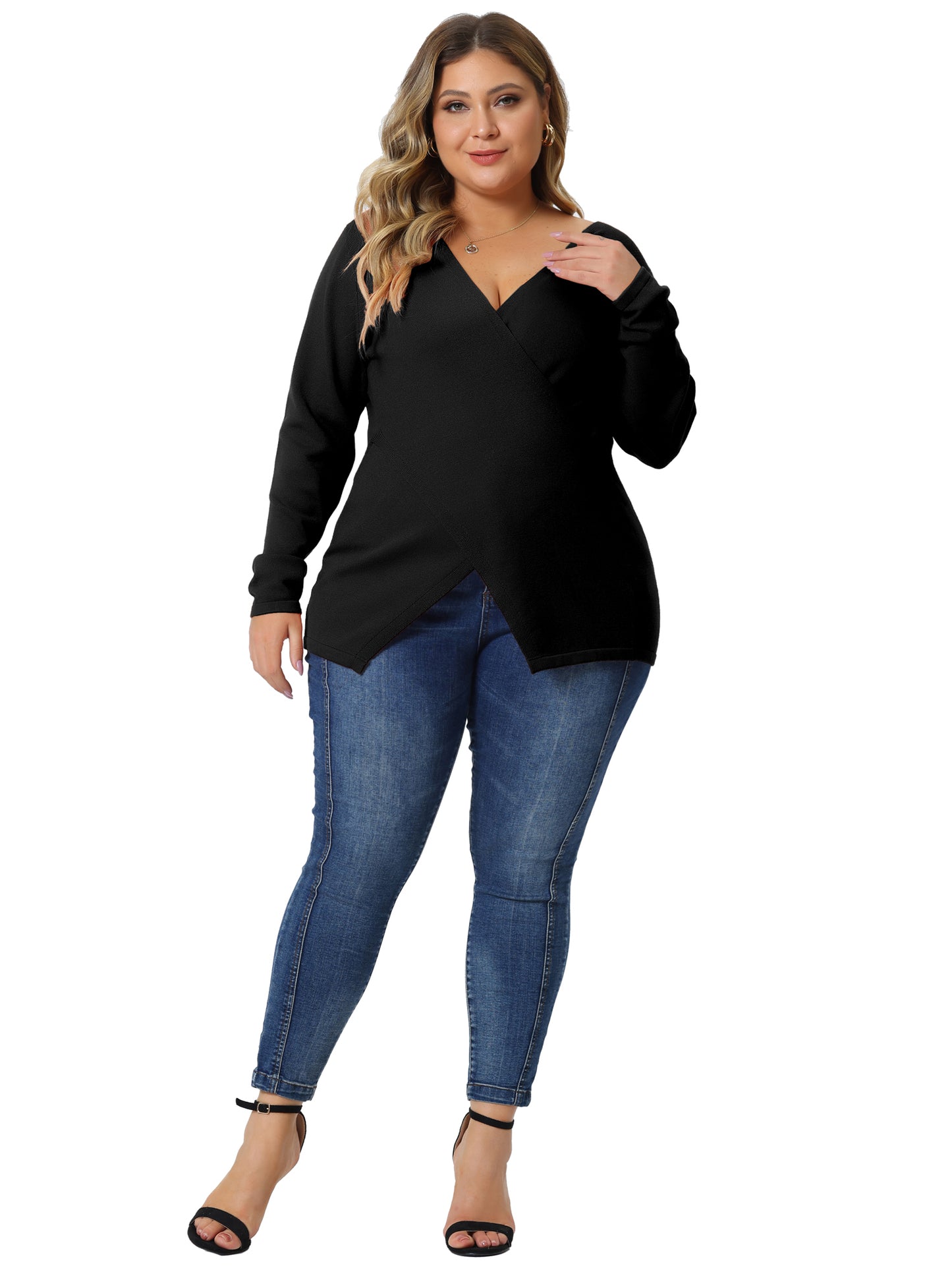 Women Plus Size Knit Top Wrap V Neck Criss Cross Long Sleeve Asymmetrical Sweater