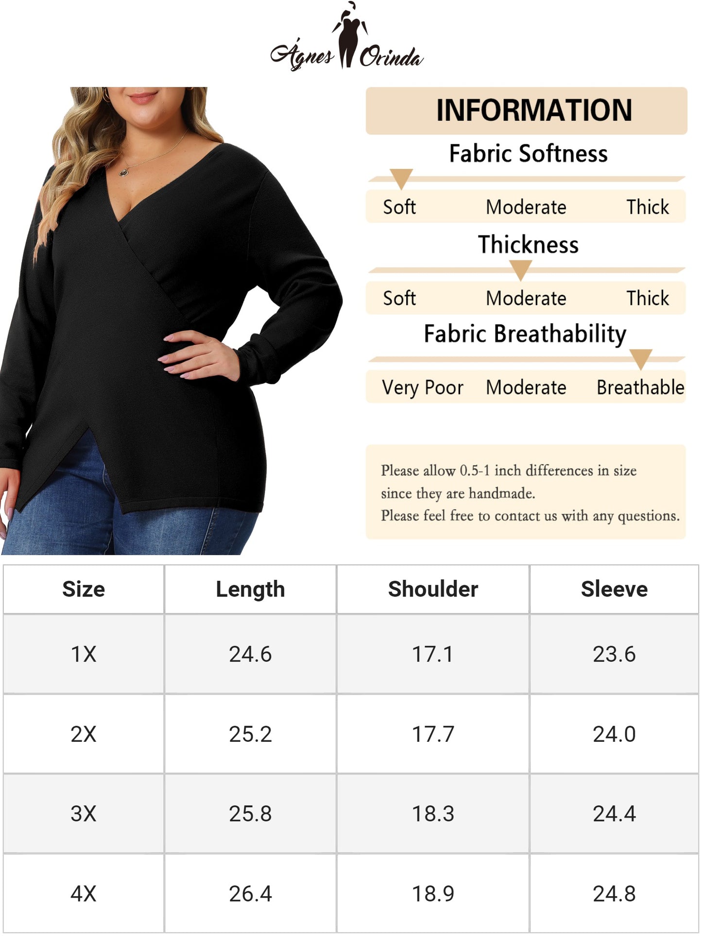 Women Plus Size Knit Top Wrap V Neck Criss Cross Long Sleeve Asymmetrical Sweater