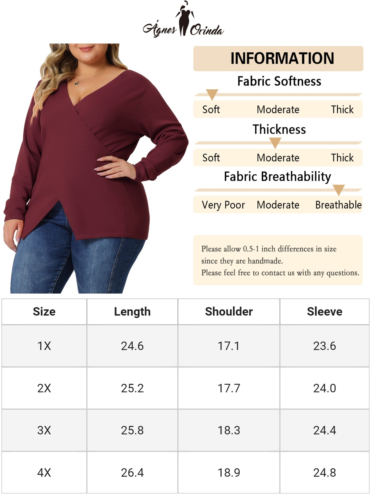 Women Plus Size Knit Top Wrap V Neck Criss Cross Long Sleeve Asymmetrical Sweater