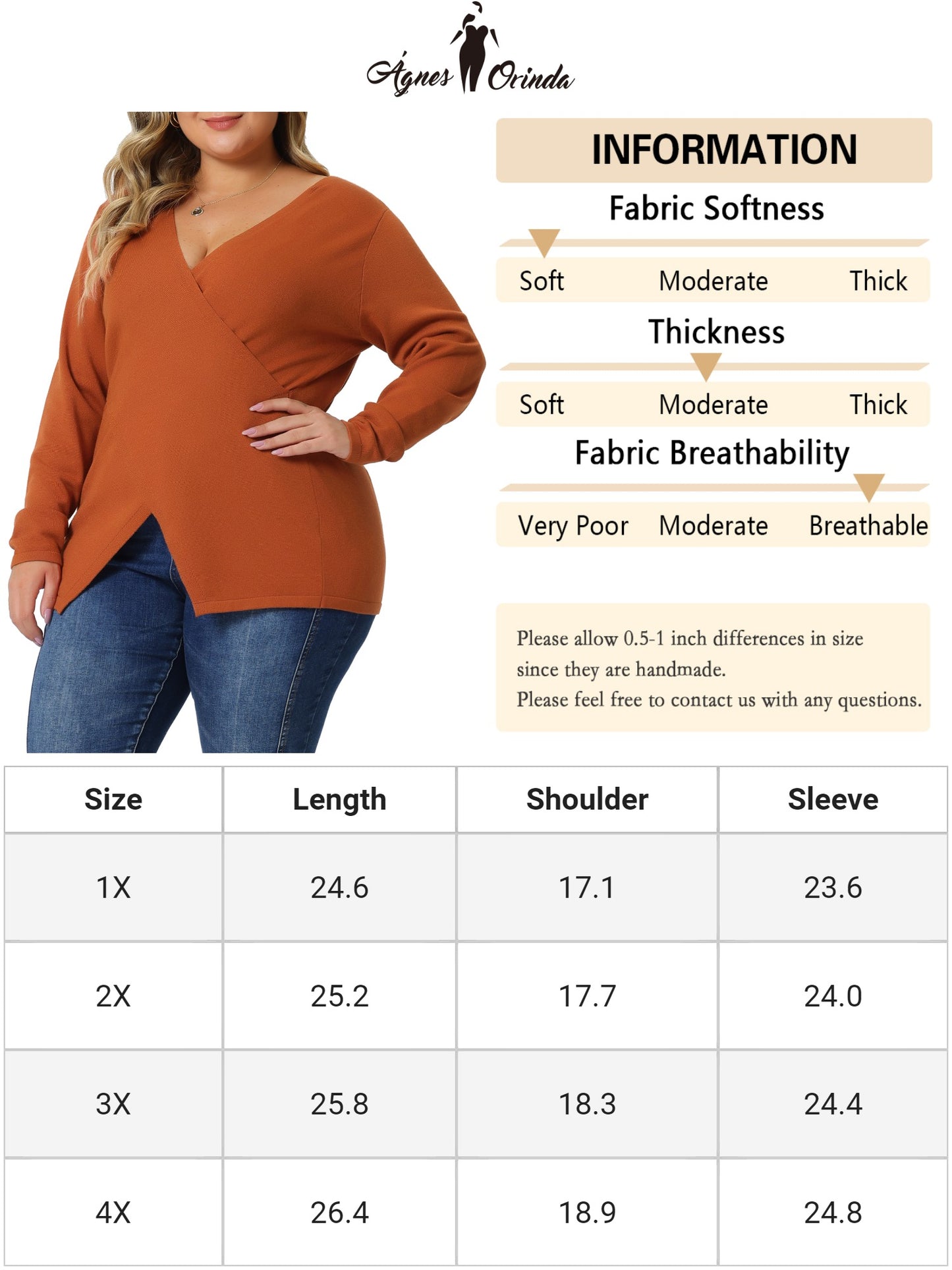 Women Plus Size Knit Top Wrap V Neck Criss Cross Long Sleeve Asymmetrical Sweater
