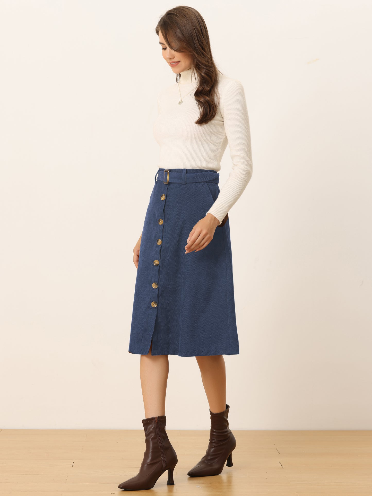 Women's Fall Button Front Belted Corduroy High Waist Midi Skirt (Available in Plus Size)