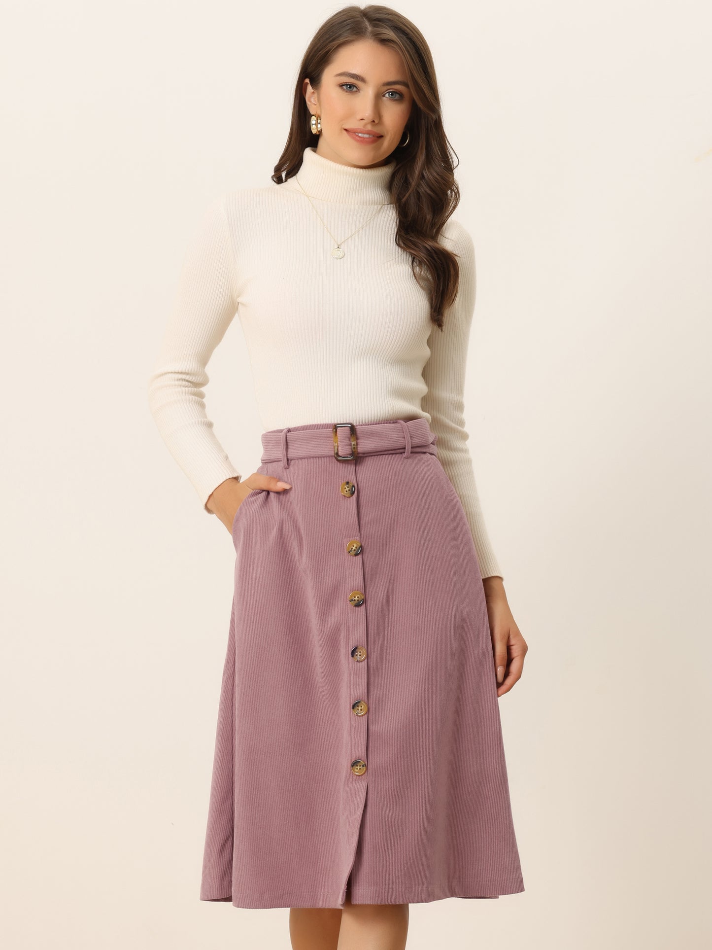 Women's Fall Button Front Belted Corduroy High Waist Midi Skirt (Available in Plus Size)