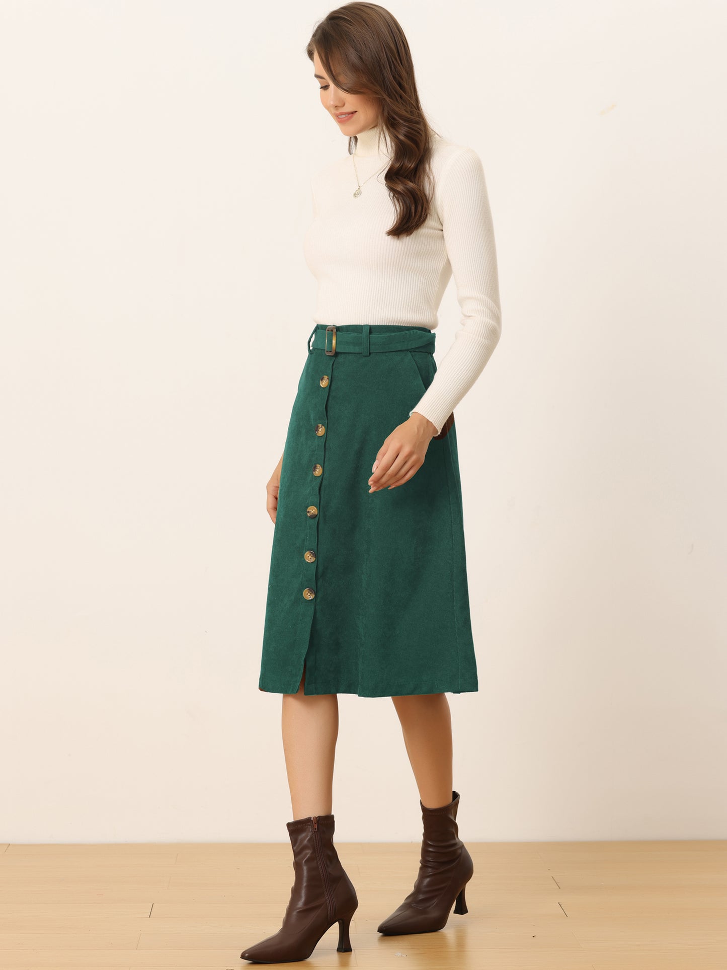Women's Fall Button Front Belted Corduroy High Waist Midi Skirt (Available in Plus Size)