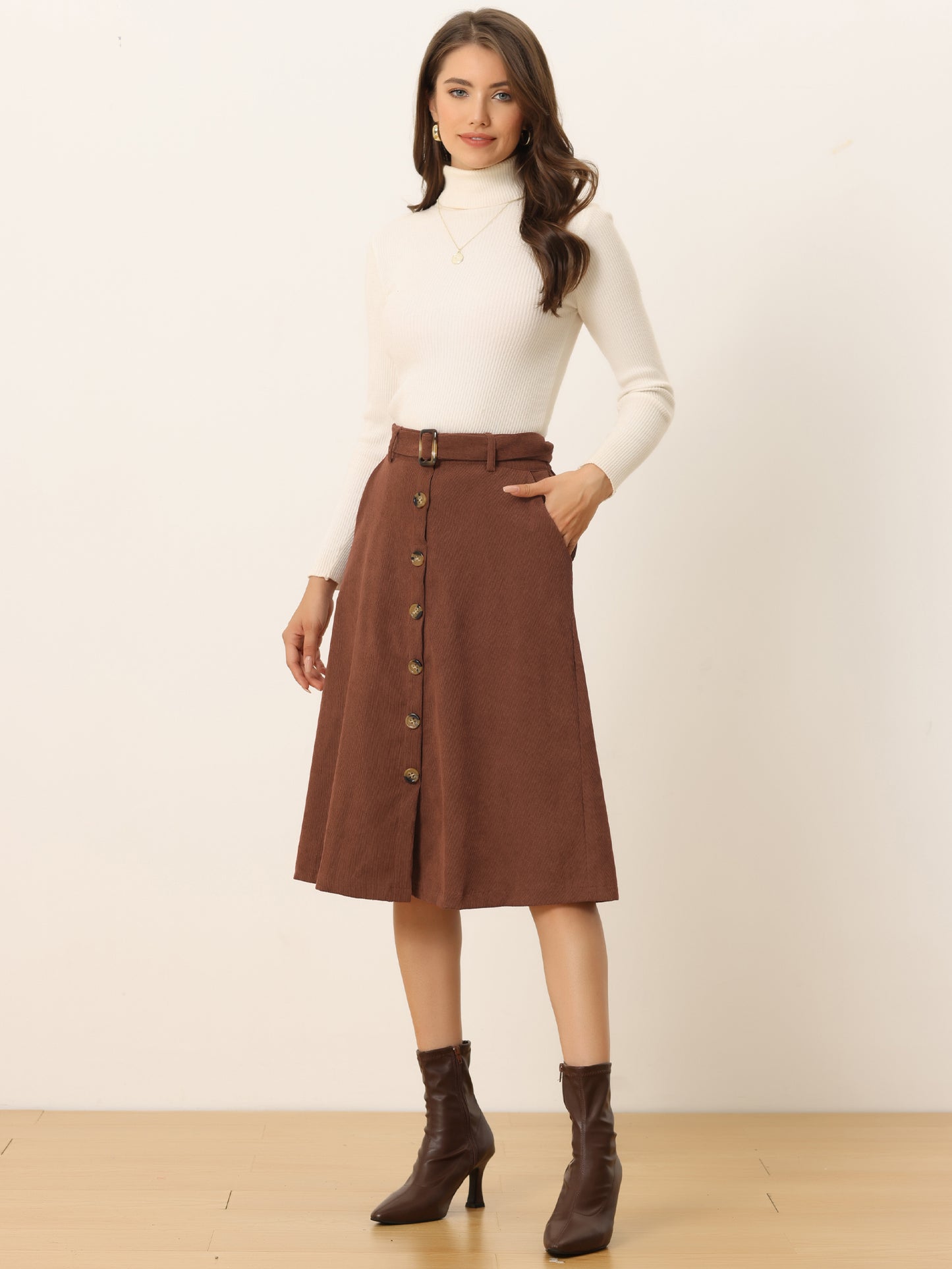 Women's Fall Button Front Belted Corduroy High Waist Midi Skirt (Available in Plus Size)