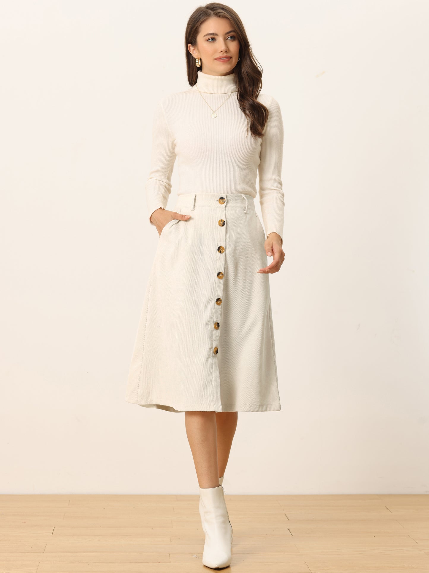Women's Fall Button Front Belted Corduroy High Waist Midi Skirt (Available in Plus Size)