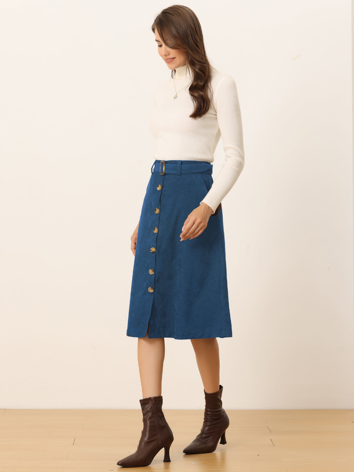 Women's Fall Button Front Belted Corduroy High Waist Midi Skirt (Available in Plus Size)