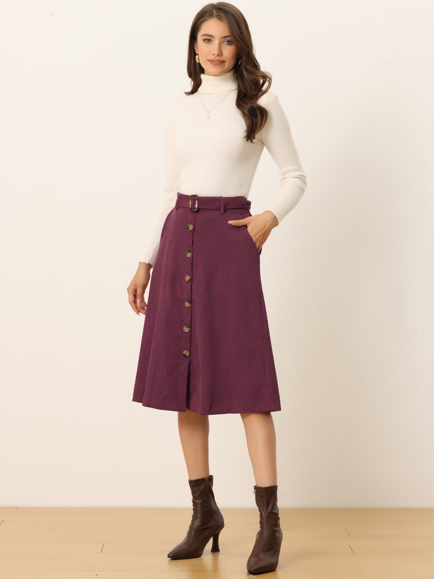Women's Fall Button Front Belted Corduroy High Waist Midi Skirt (Available in Plus Size)