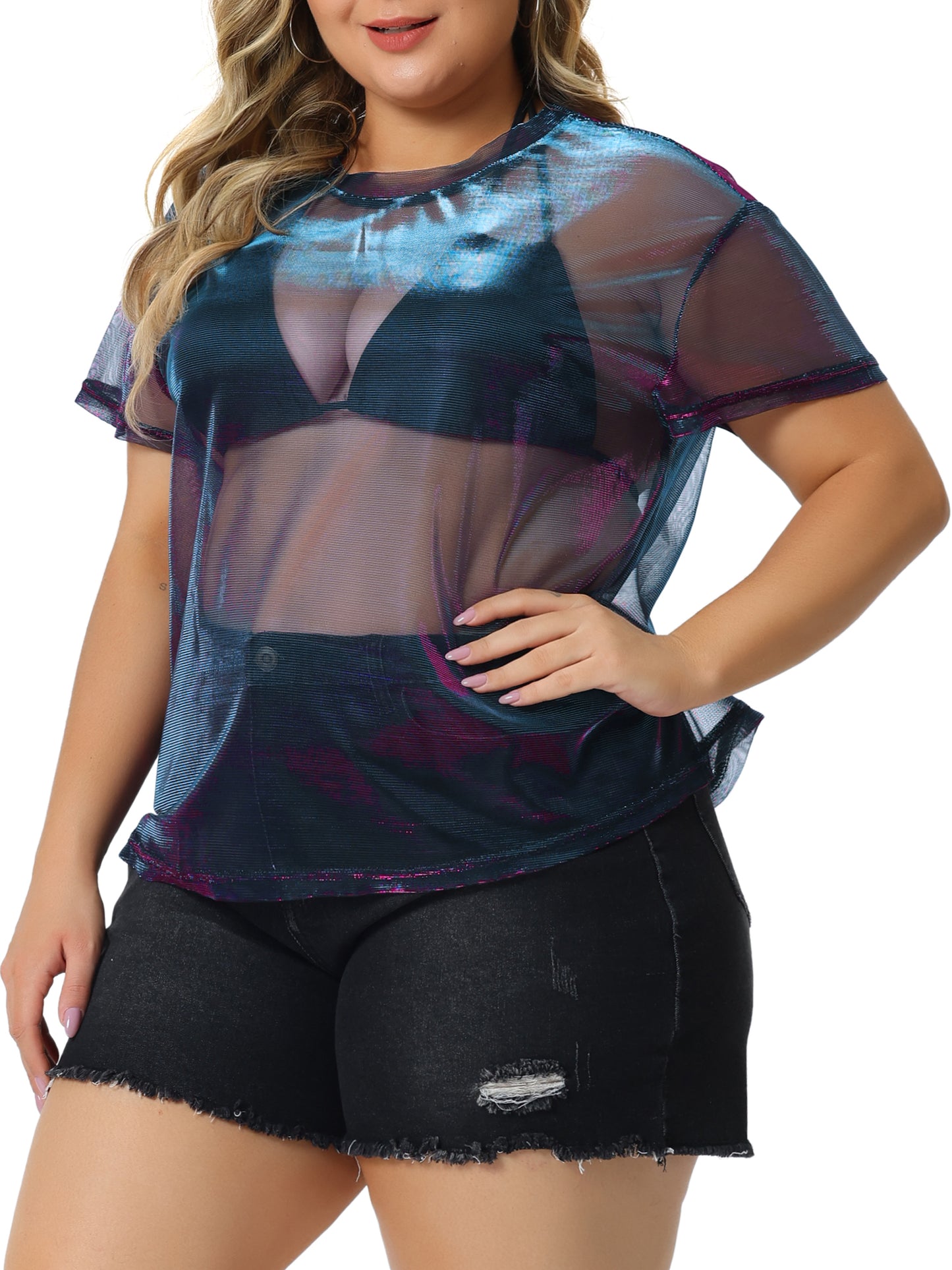 Women Plus Size Party Top Sheer Mesh Holographic See Through Sexy Top