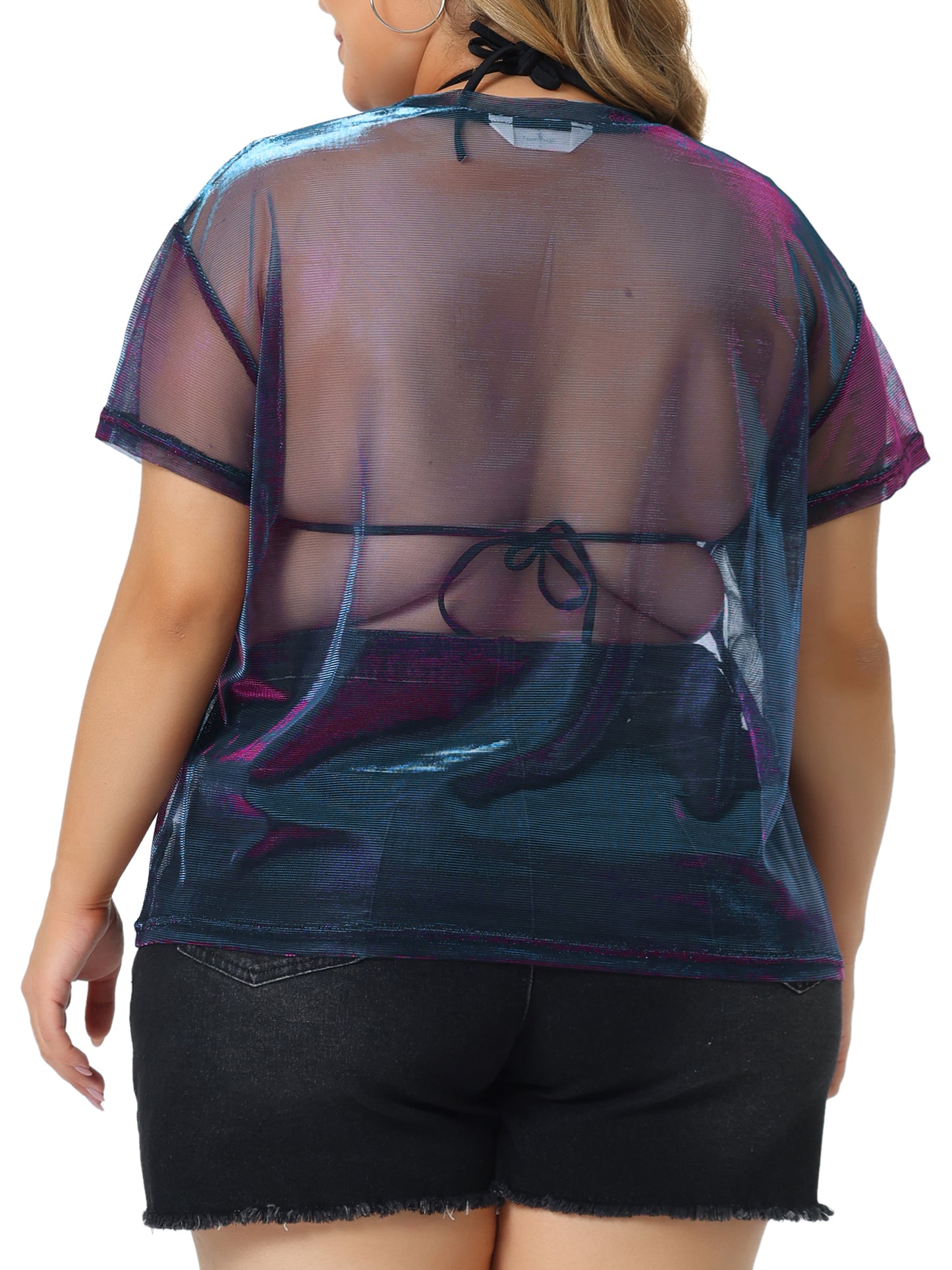 Women Plus Size Party Top Sheer Mesh Holographic See Through Sexy Top